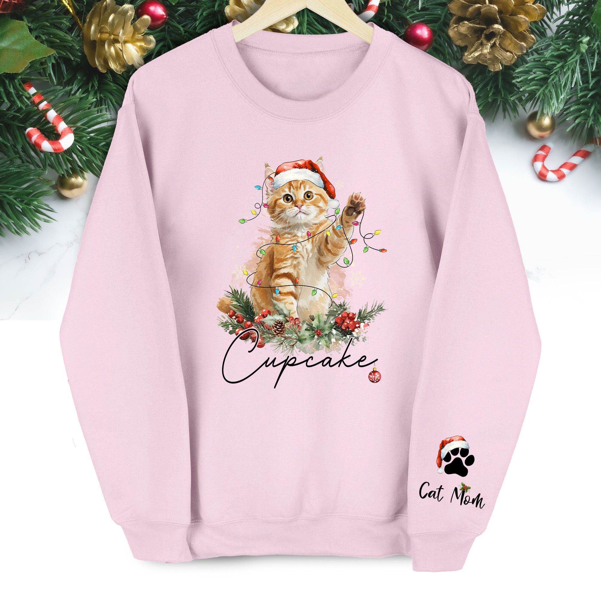 Custom Cat Christmas Sweatshirt – Personalized Holiday Pet Portrait Gift for Cat Moms