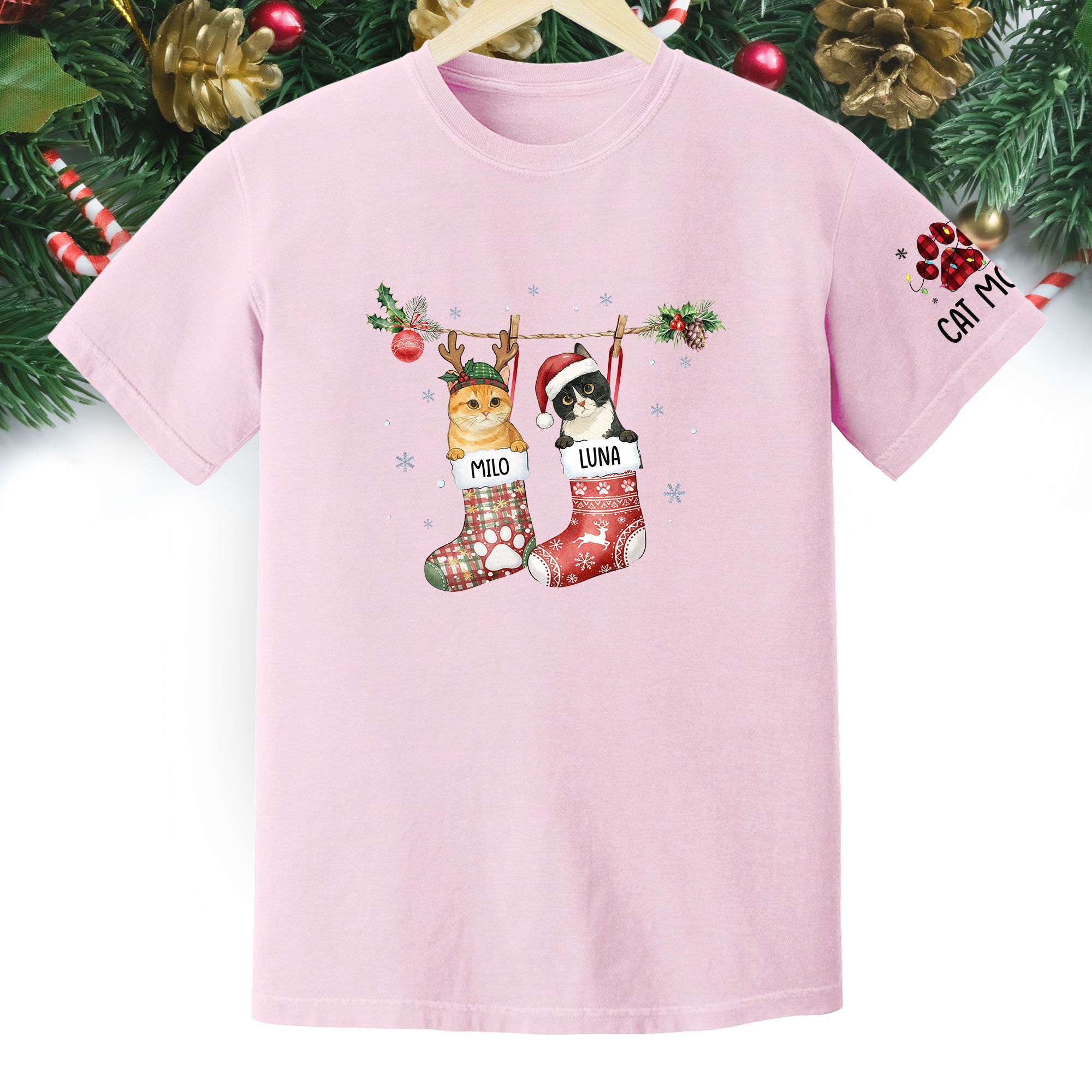 Personalized Cat Photo Christmas T-Shirt – Custom Pet Lover Gift for Cat Mom, Holiday Tee