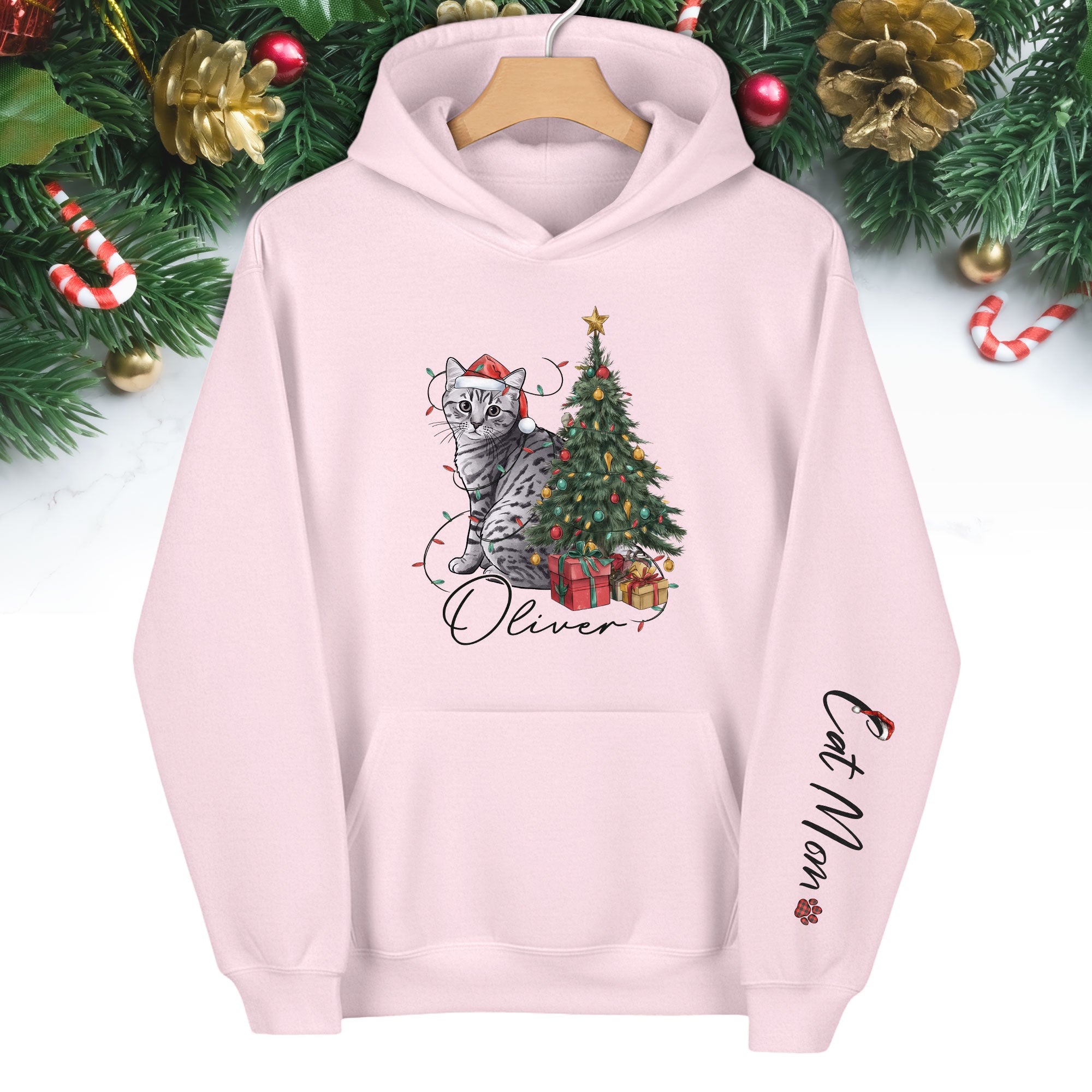 Personalized Cat Mom Christmas Hoodie – Custom Pet Photo Hoodie with Cat Name, Holiday Gift for Cat Lovers