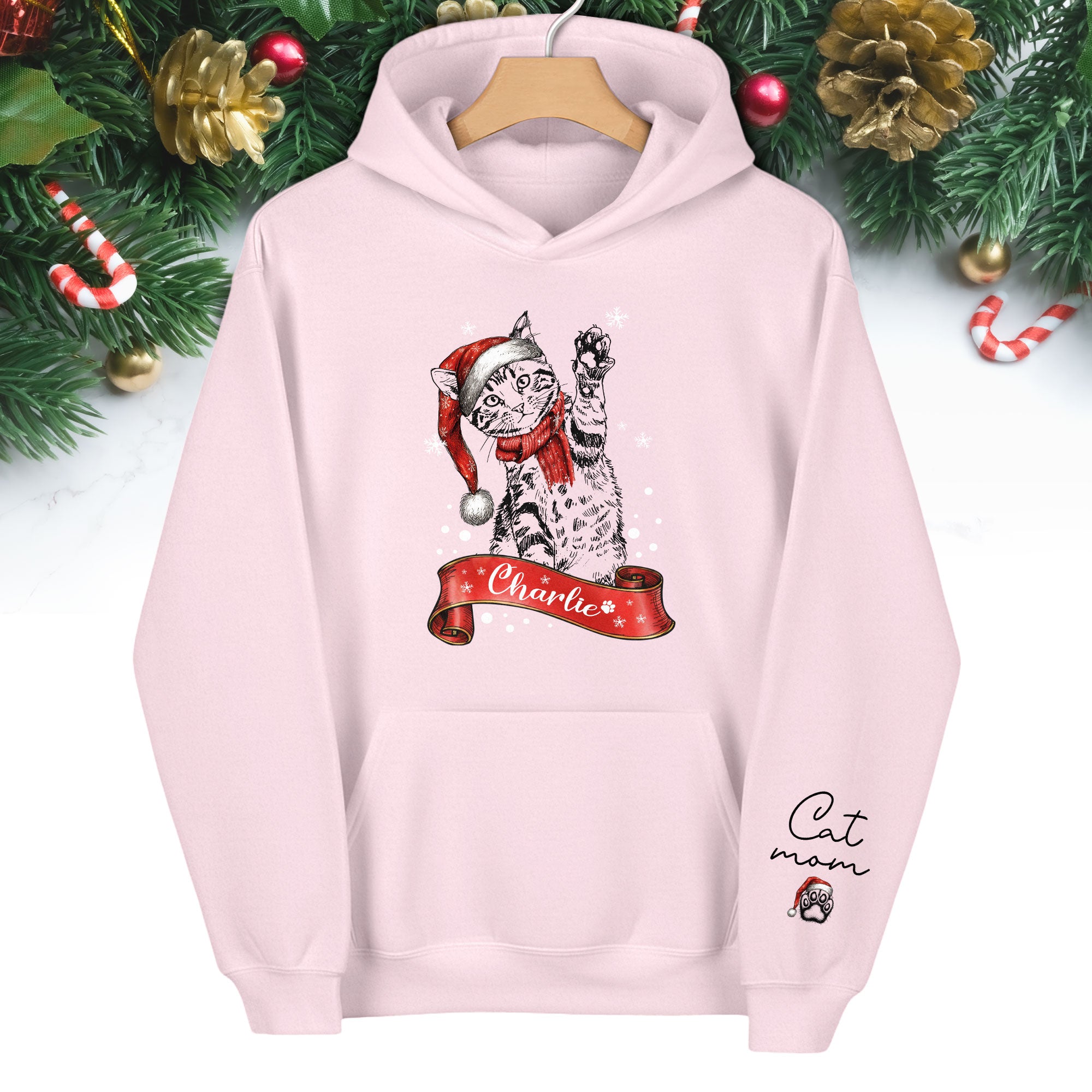 Custom Cat Mom Christmas Hoodie – Personalized Cat Photo Hoodie with Pet Name, Holiday Gift for Cat Lovers