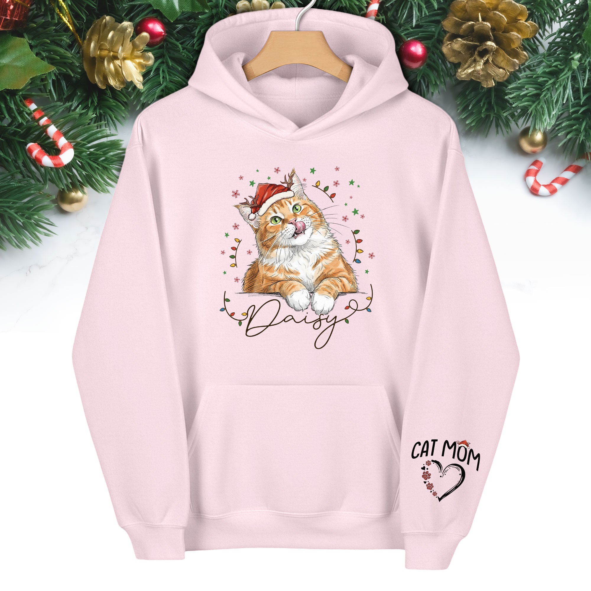 Personalized Cat Mom Christmas Hoodie – Custom Cat Photo Hoodie with Pet Name, Cute Holiday Gift for Cat Lovers