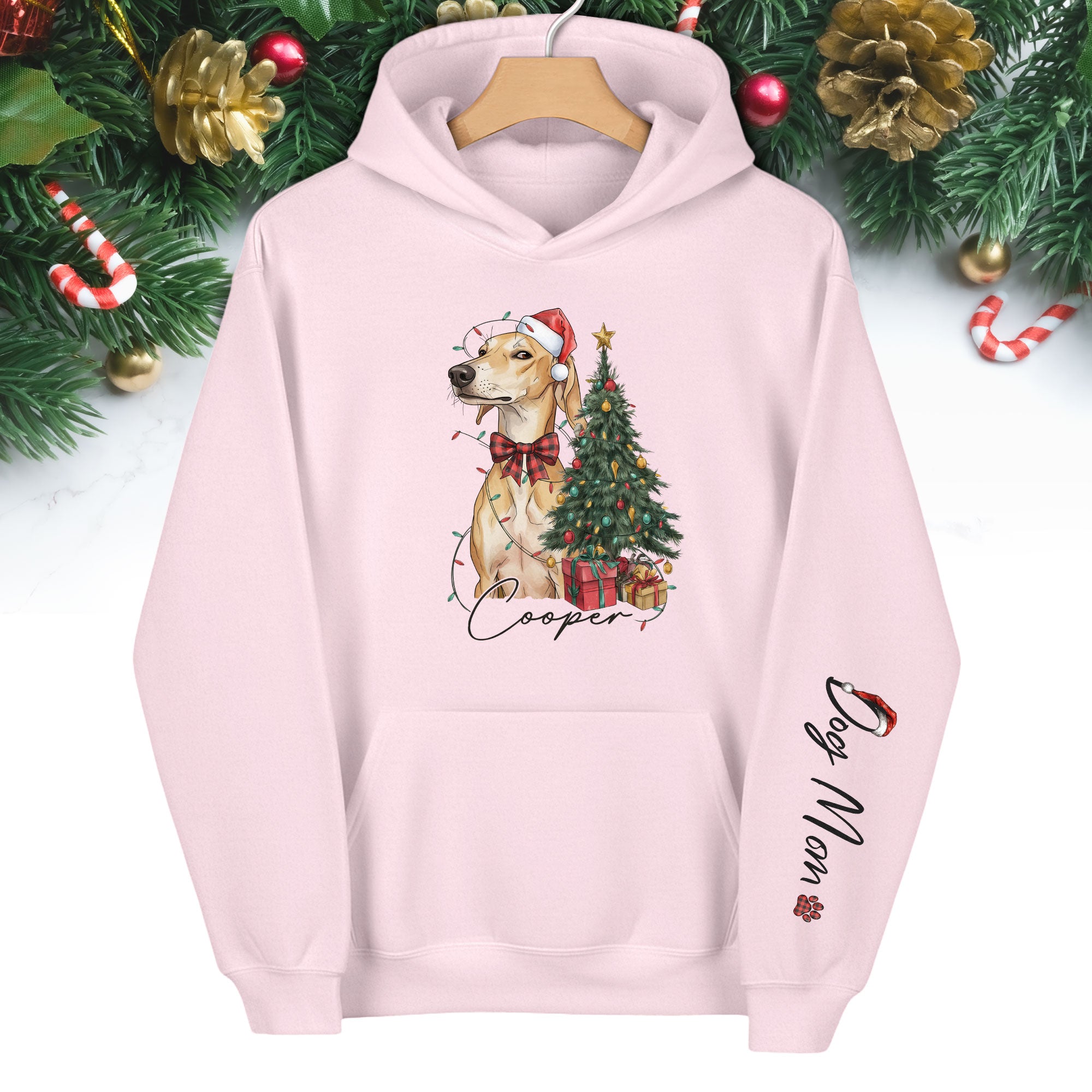 Personalized Dog Mom Christmas Hoodie, Custom Dog Photo Hoodie with Pet Name, Holiday Gift for Pet Lovers