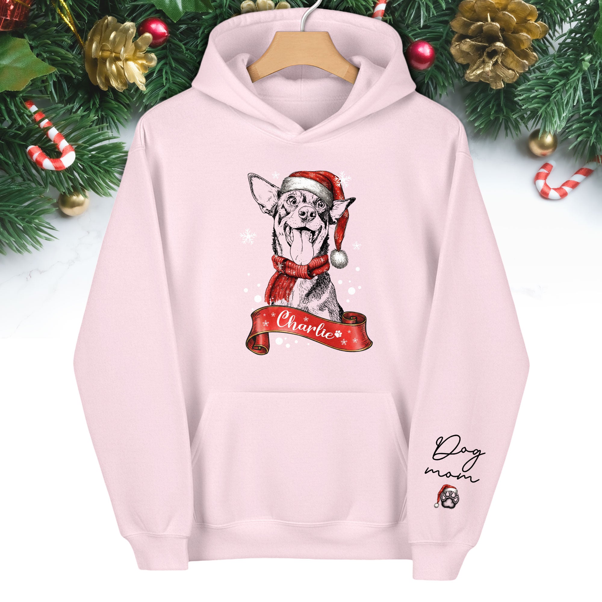 Custom Dog Mom Christmas Hoodie – Personalized Dog Photo Hoodie with Pet Name, Holiday Gift for Pet Lovers