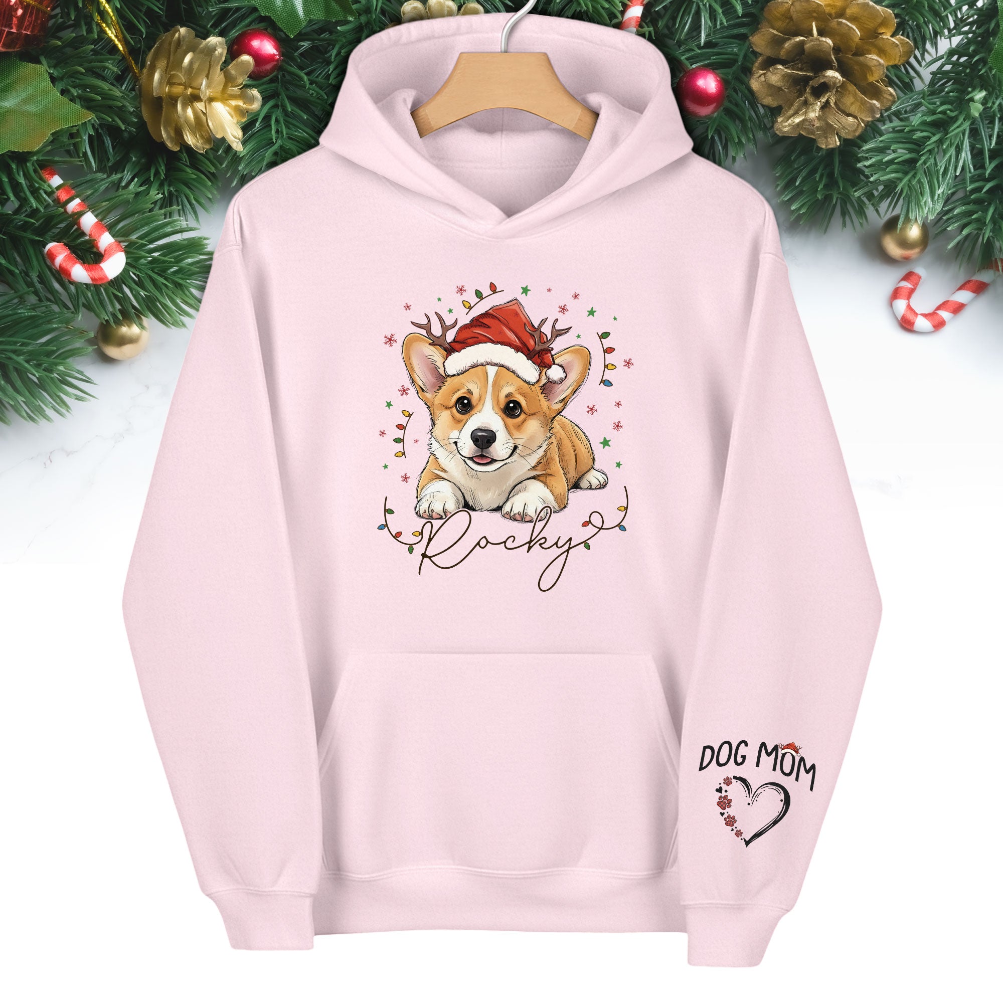 Personalized Dog Mom Christmas Hoodie – Custom Dog Photo Hoodie with Pet Name, Cute Holiday Gift for Dog Lovers