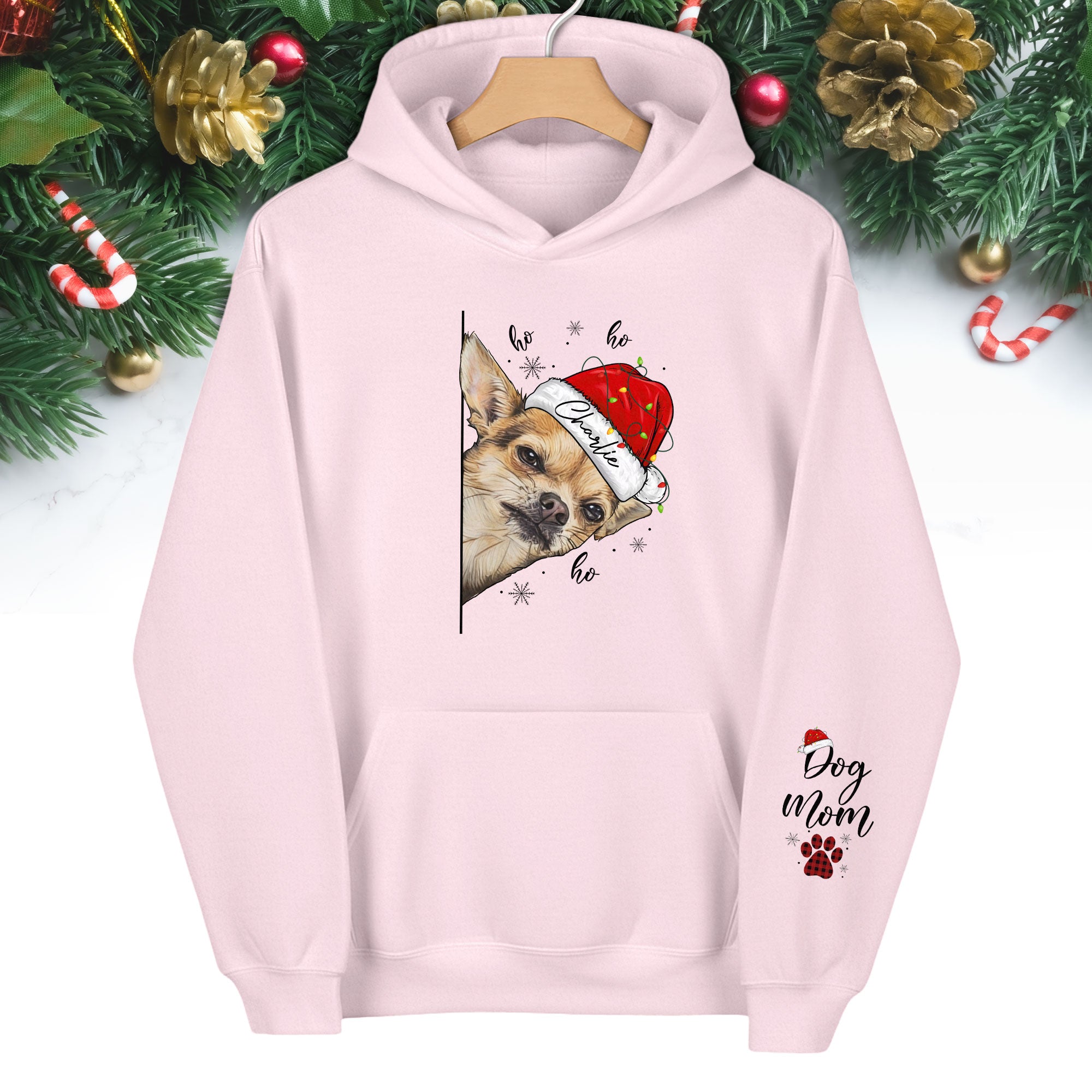 Custom Dog Mom Christmas Hoodie – Personalized Dog Photo Hoodie with Pet Name, Funny Holiday Gift for Dog Lovers