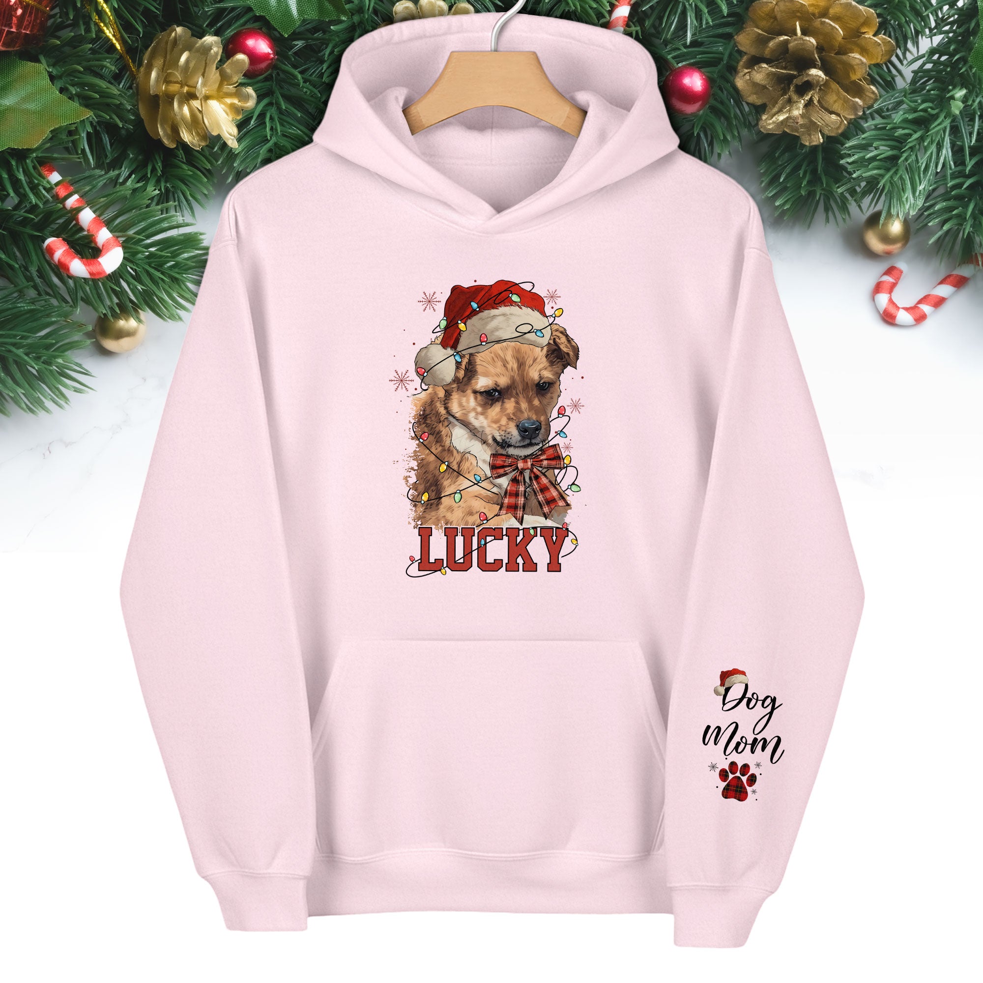 Personalized Dog Mom Christmas Hoodie – Custom Dog Photo Hoodie with Pet Name, Holiday Gift for Pet Lovers