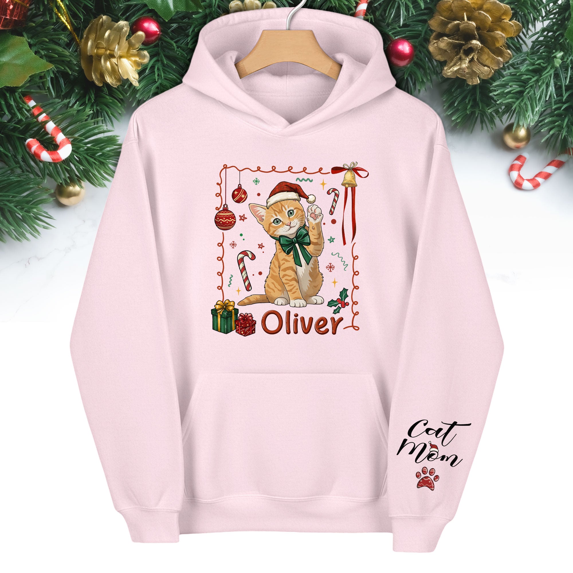 Custom Cat Christmas Hoodie – Personalized Pet Portrait Gift for Cat Moms