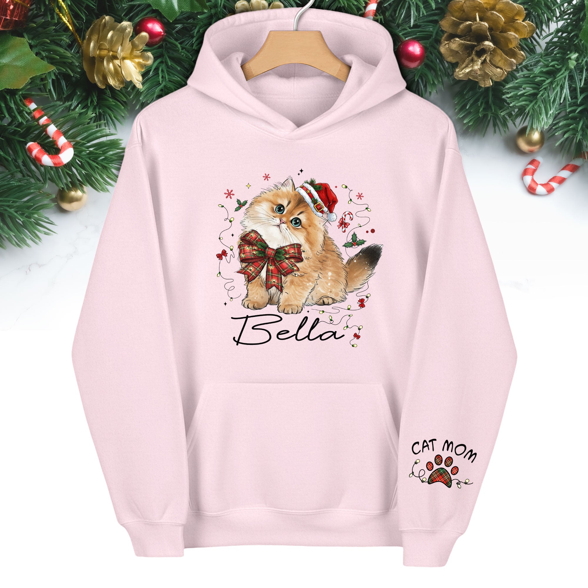 Personalized Cat Portrait Christmas Hoodie – Custom Pet Photo Gift for Cat Moms