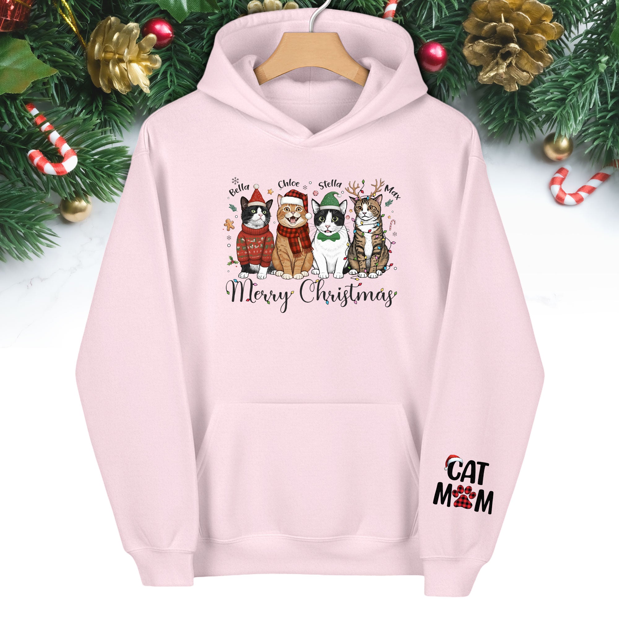 Custom Pet Christmas Hoodie – Personalized Cat Photo Hoodie for Pet Moms