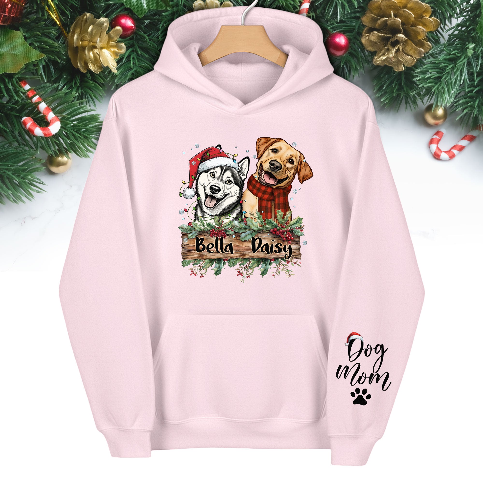 Dog Mom Christmas Hoodie – Custom Pet Photo Hoodie, Personalized Holiday Gift for Dog Mom