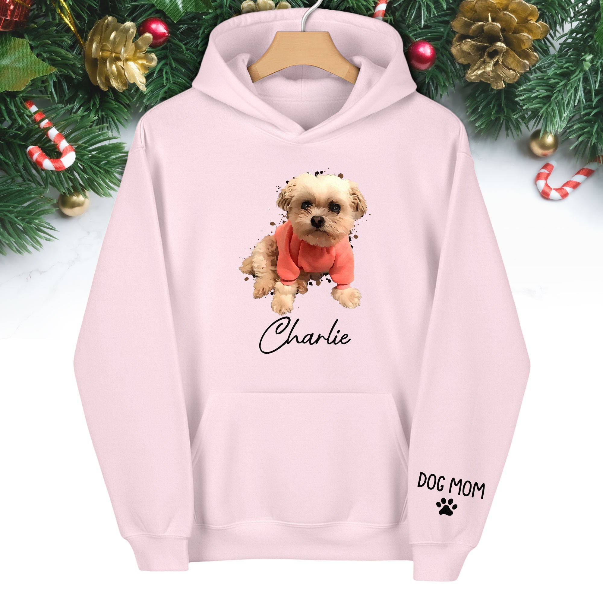 Personalized Dog Mom Hoodie – Custom Dog Photo Hoodie with Pet Name, Unique Holiday Gift for Pet Lovers