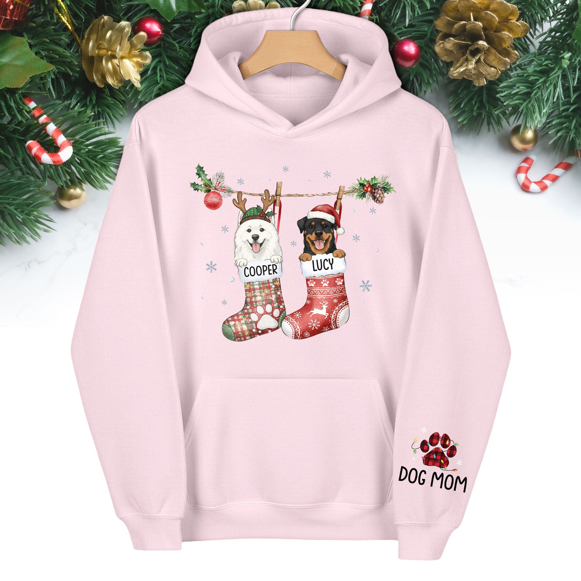 Custom Christmas Dog Hoodie – Personalized Holiday Hoodie with Your Dog’s Photo in Festive Stockings