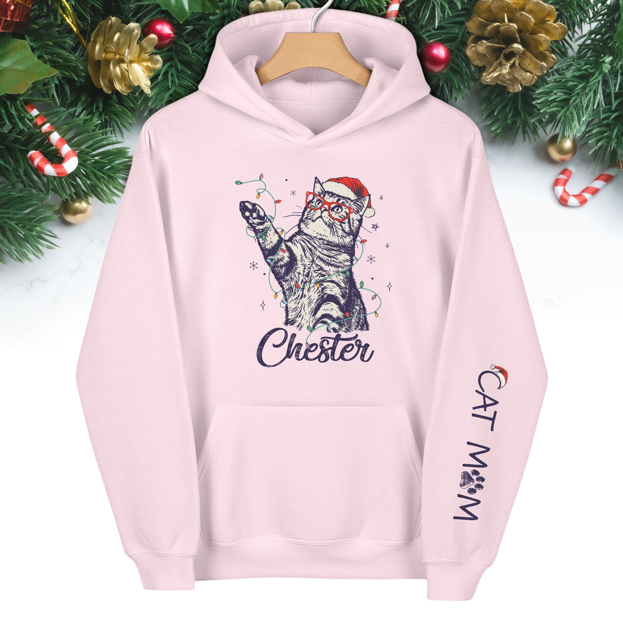 Christmas Cat Mom Hoodie – Personalized Cat Photo Hoodie, Custom Holiday Gift for Women