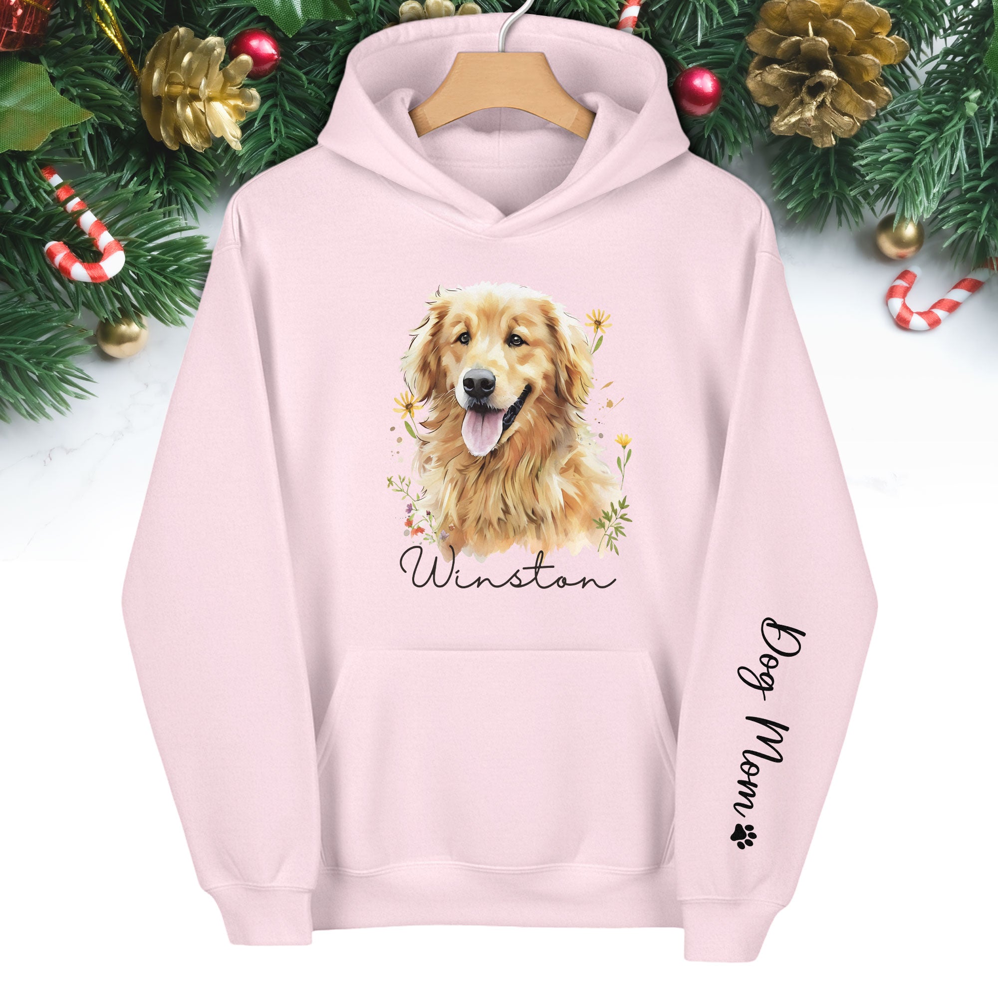 Custom Pet Photo Hoodie – Personalized Dog Portrait with Floral Design, Dog Mom Gift