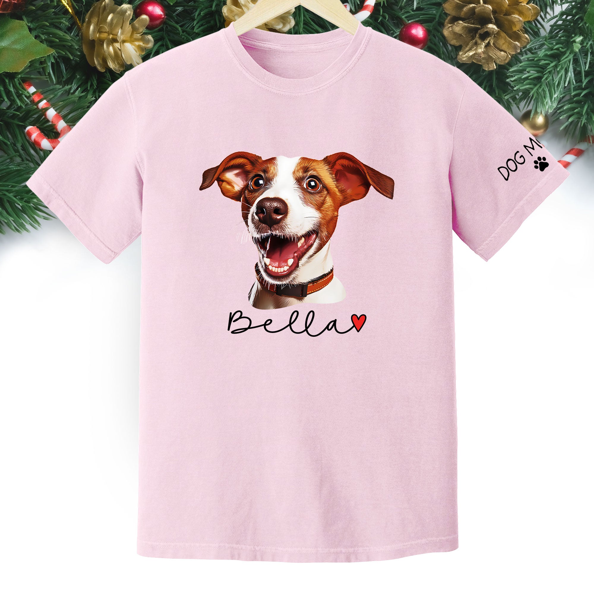 Dog Mom Christmas Shirt – Custom Pet Portrait Tee, Personalized Holiday Gift for Women