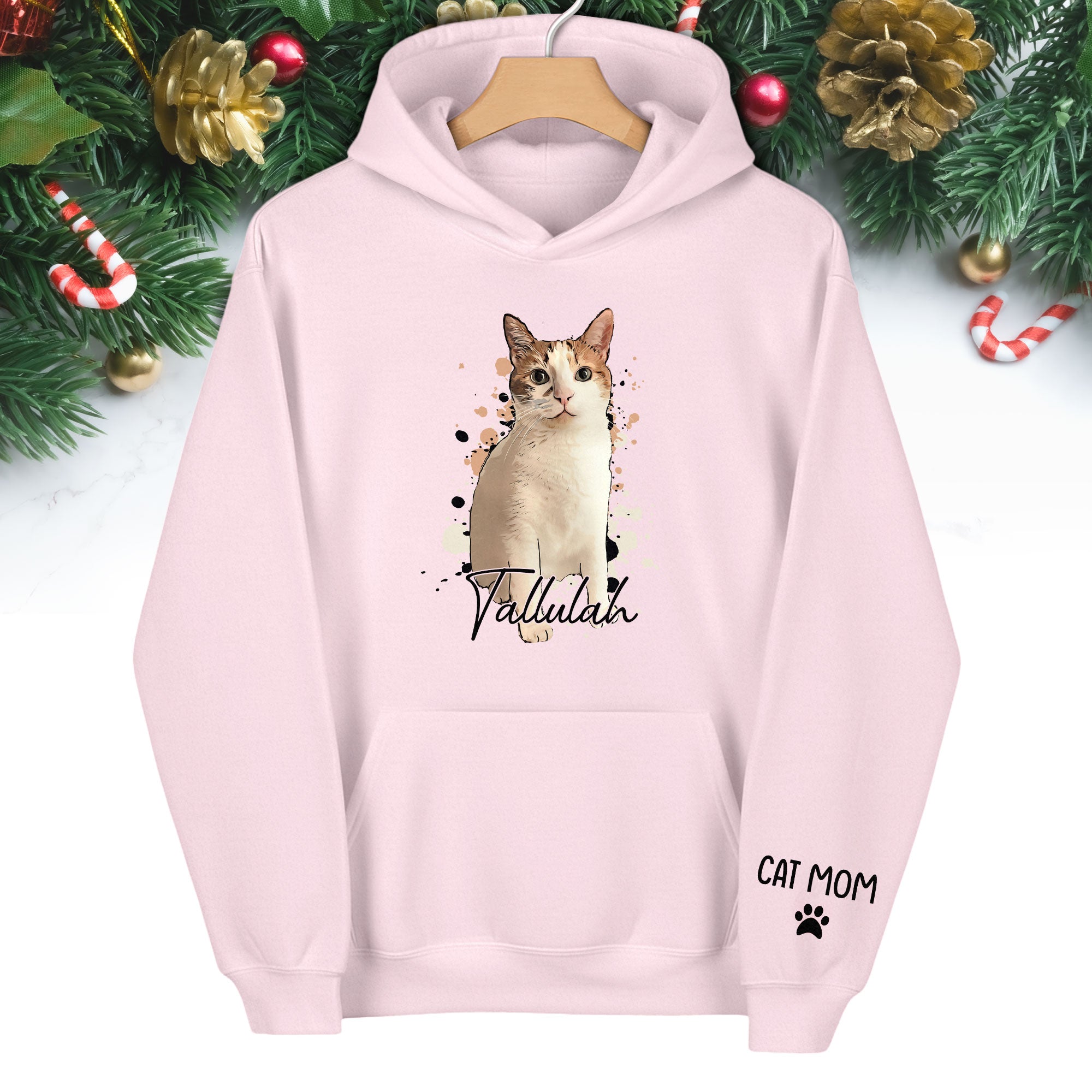 Personalized Cat Mom Hoodie – Custom Cat Photo Hoodie with Pet Name, Unique Holiday Gift for Cat Lovers