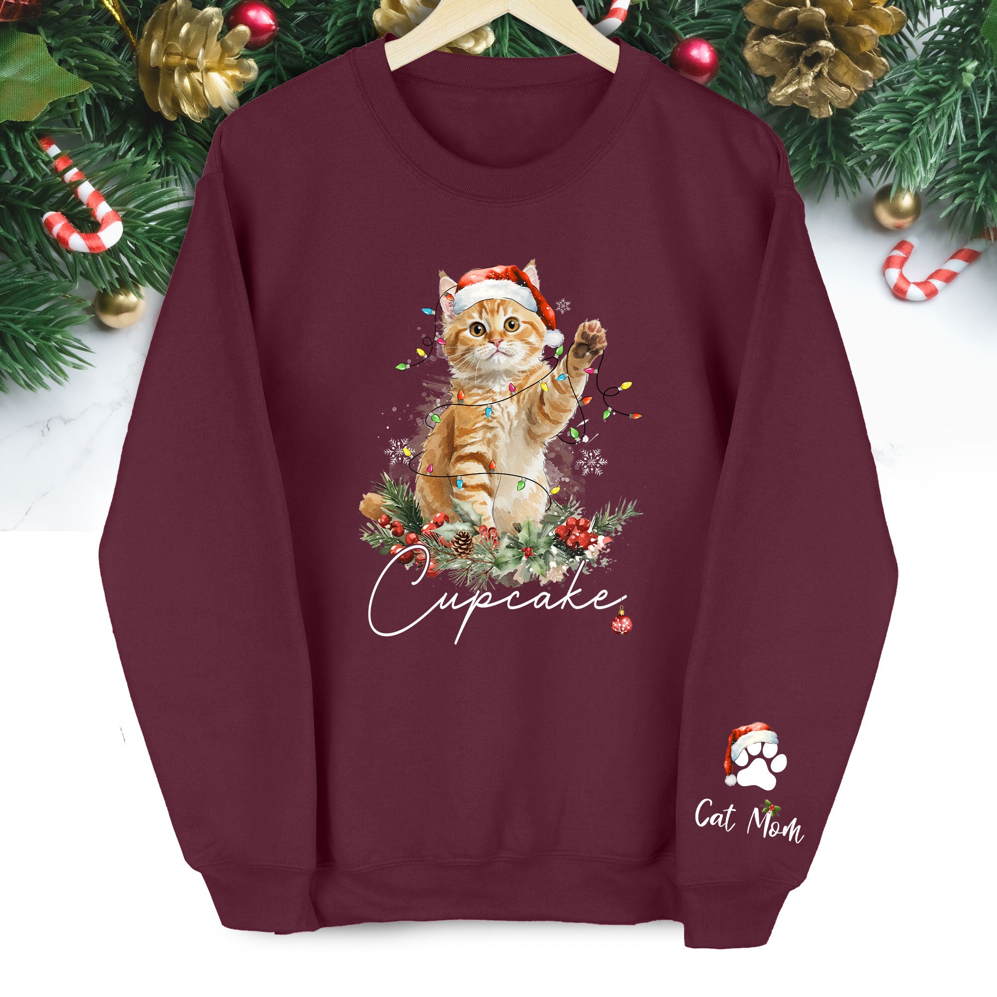 Custom Cat Christmas Sweatshirt – Personalized Holiday Pet Portrait Gift for Cat Moms