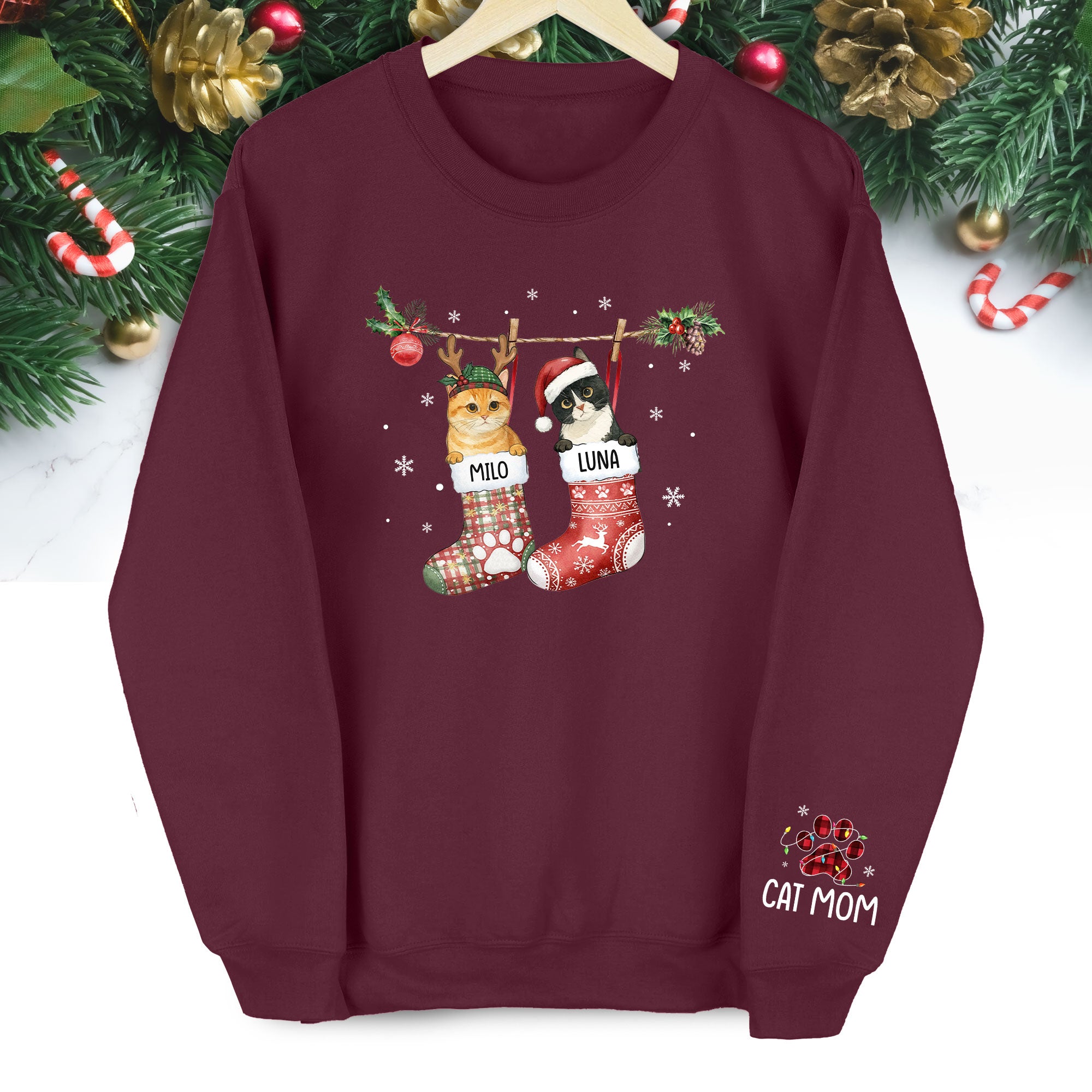 Custom Cats Christmas Sweatshirt – Personalized Pet Stocking Holiday Gift for Cat Moms