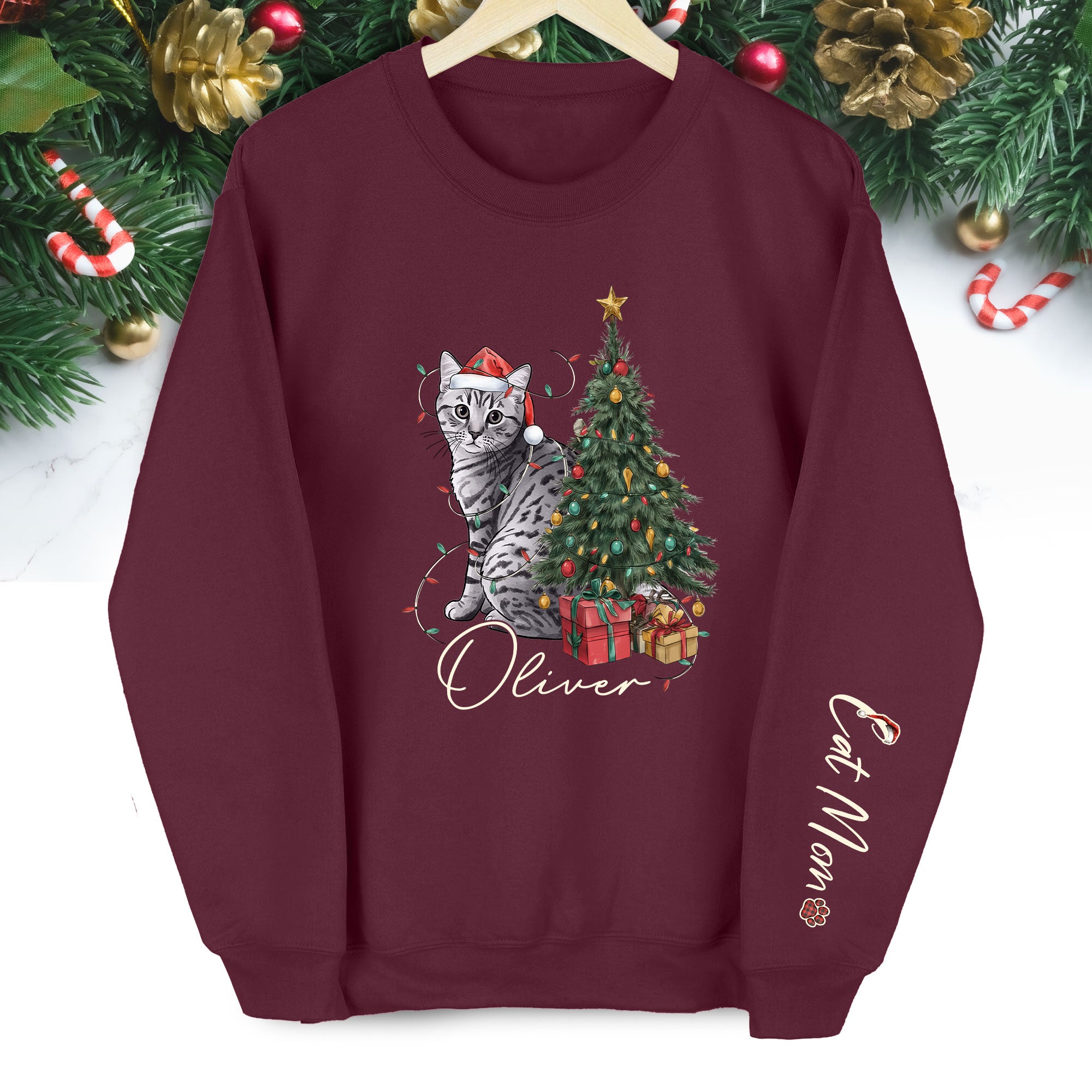 Custom Cat Christmas Sweatshirt – Personalized Gift for Cat Mom & Pet Lovers