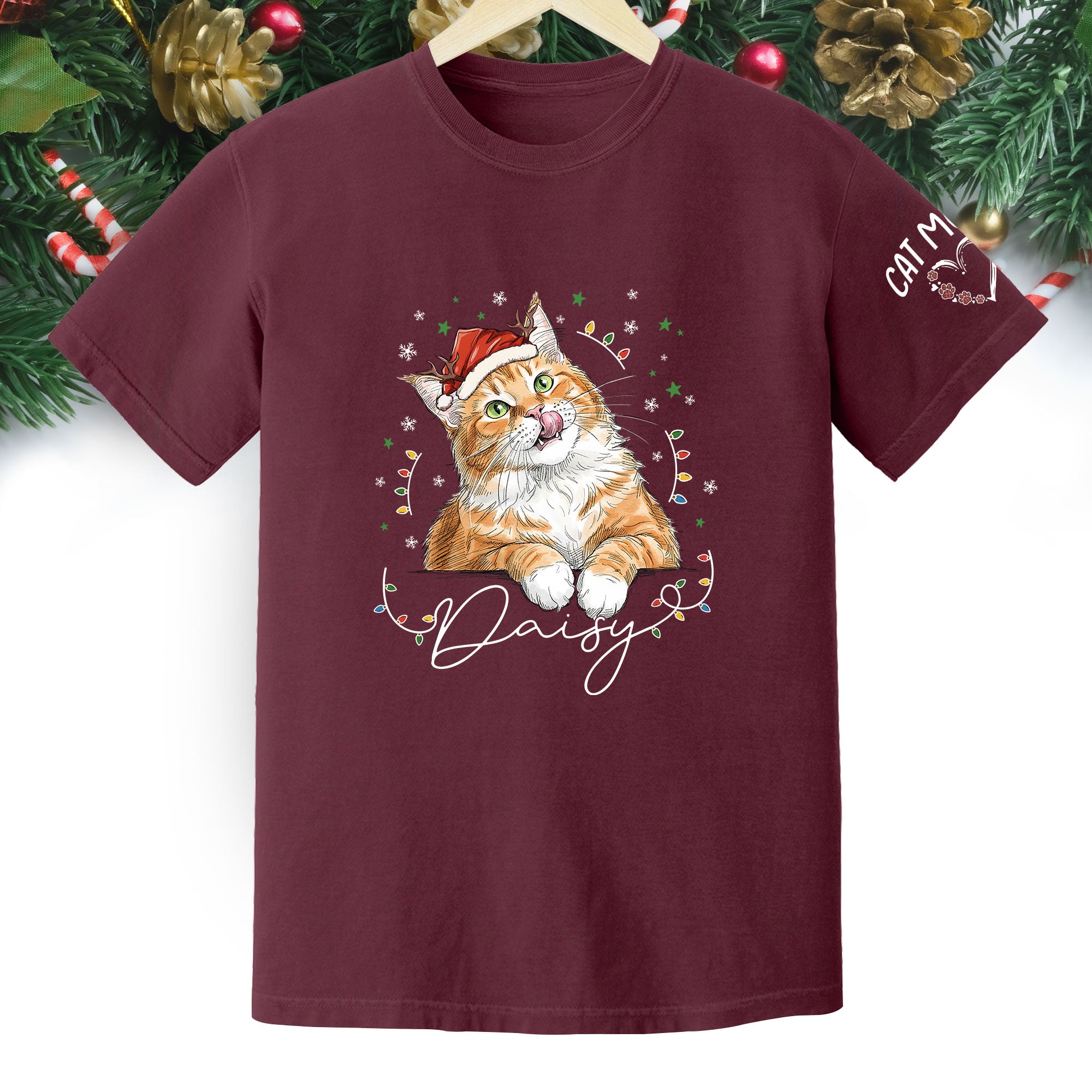 Christmas Cat T-Shirt – Custom Pet Photo Tee, Personalized Holiday Gift for Cat Lovers