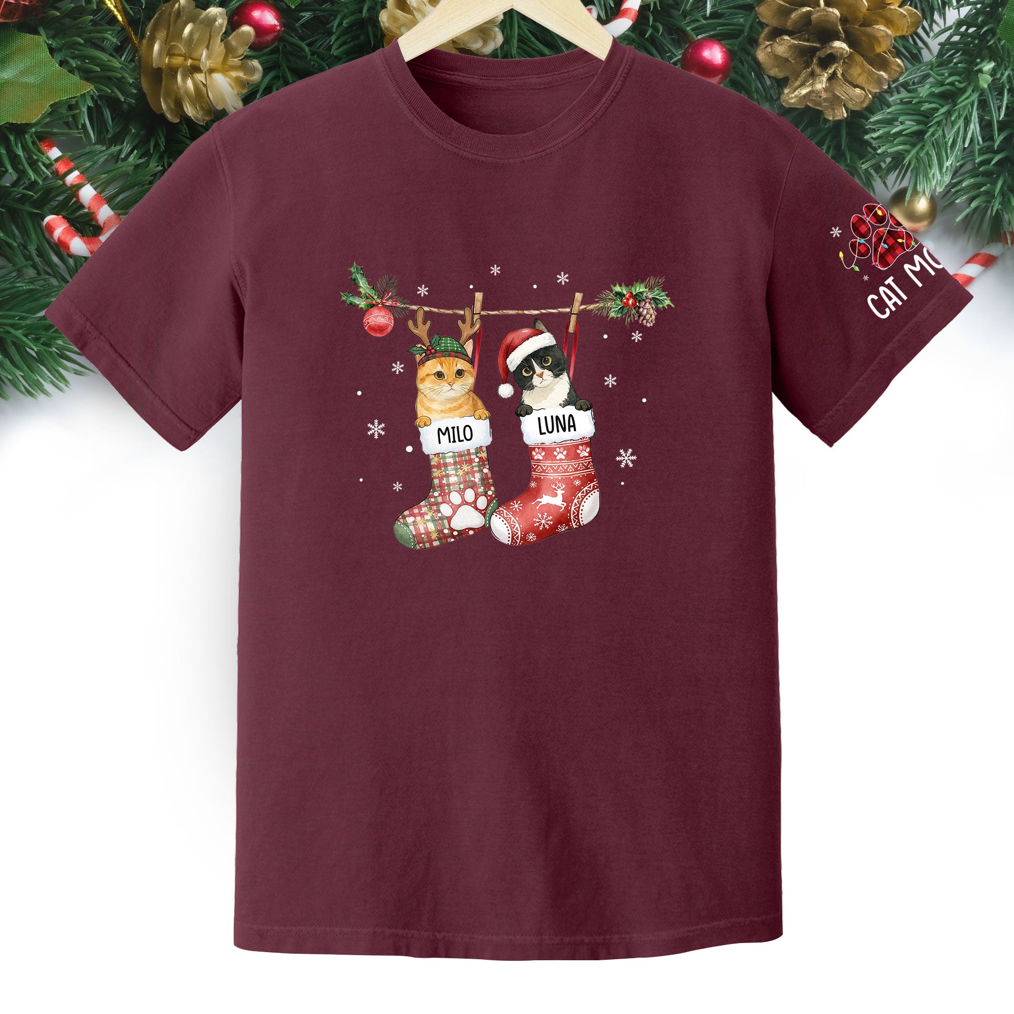Personalized Cat Photo Christmas T-Shirt – Custom Pet Lover Gift for Cat Mom, Holiday Tee