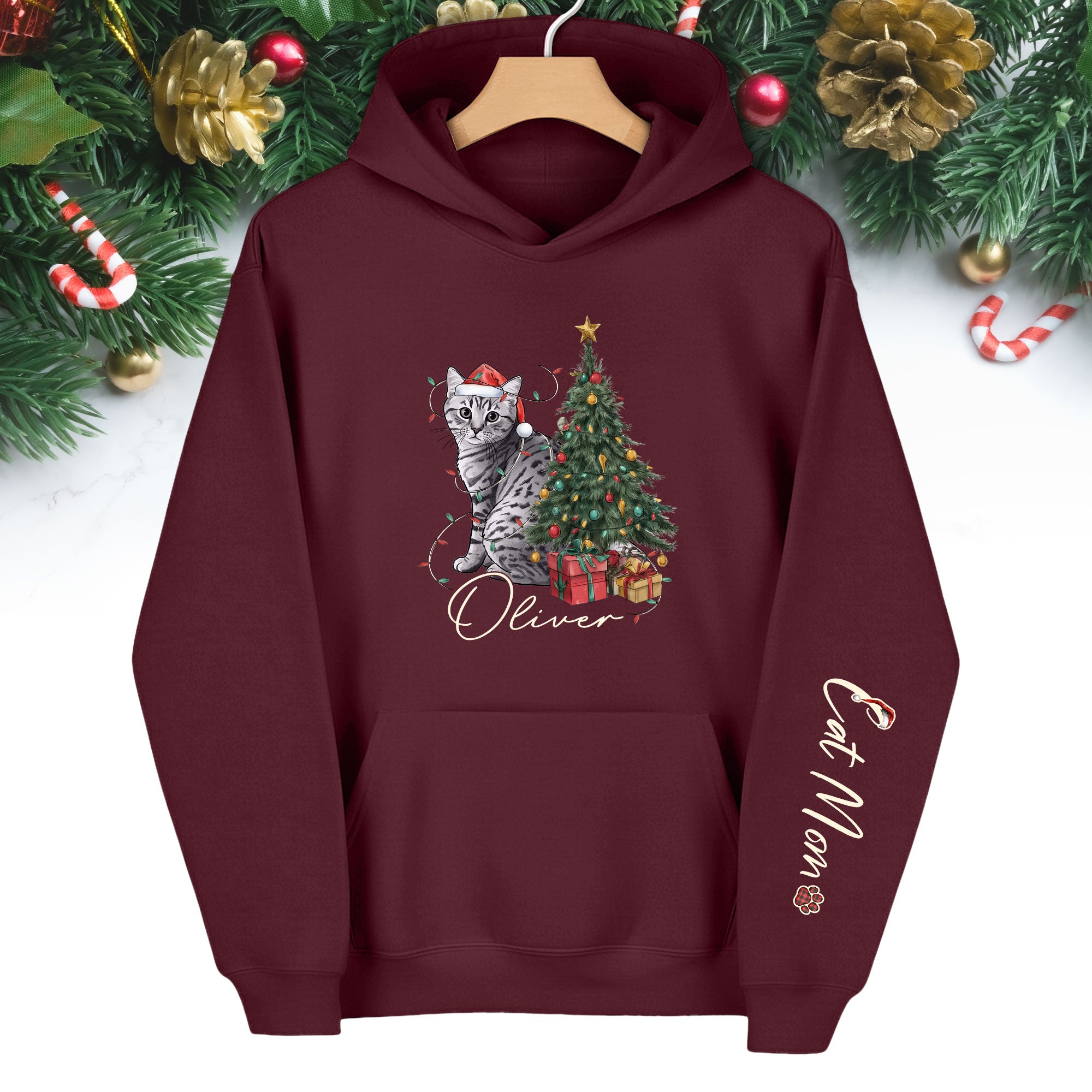 Personalized Cat Mom Christmas Hoodie – Custom Pet Photo Hoodie with Cat Name, Holiday Gift for Cat Lovers
