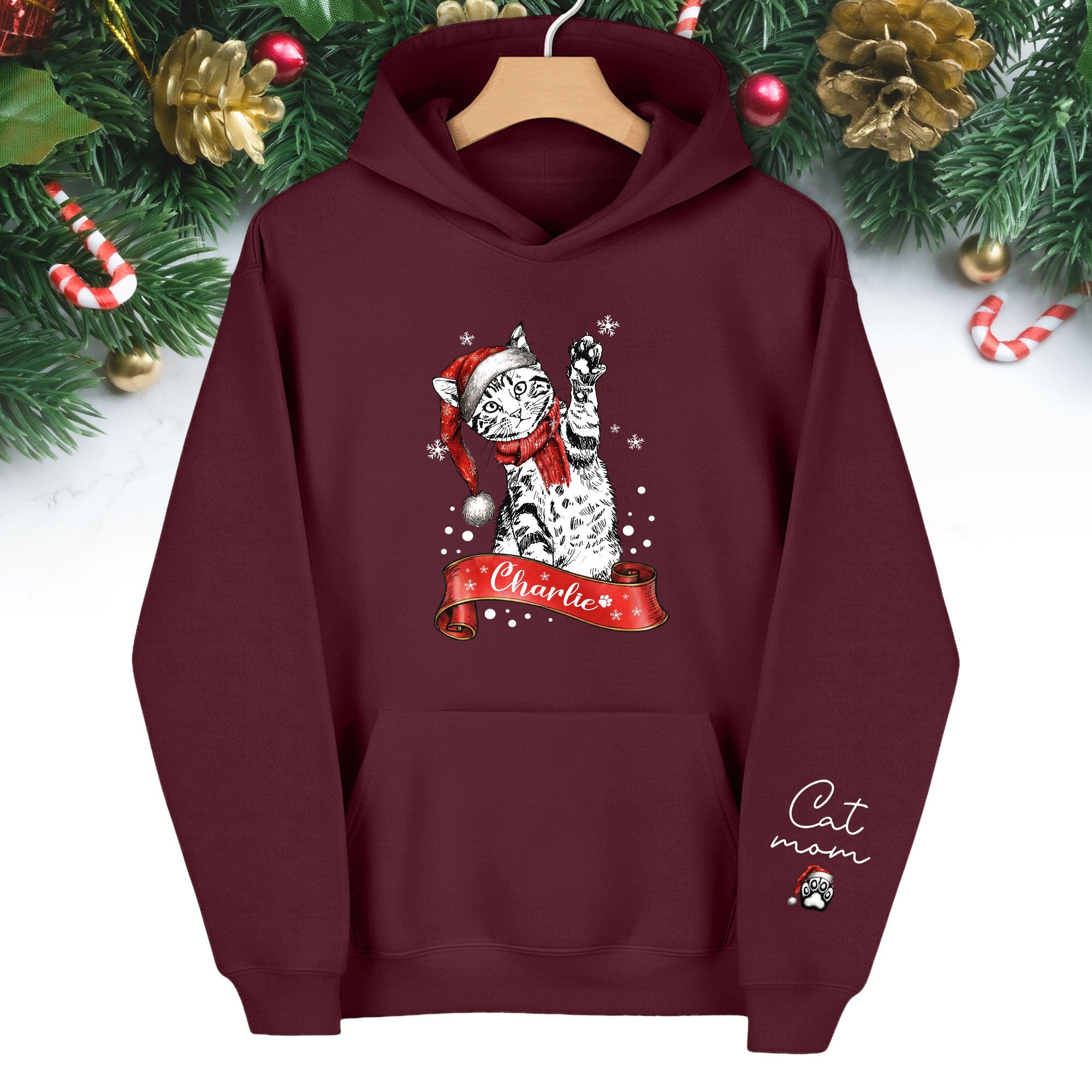 Custom Cat Mom Christmas Hoodie – Personalized Cat Photo Hoodie with Pet Name, Holiday Gift for Cat Lovers