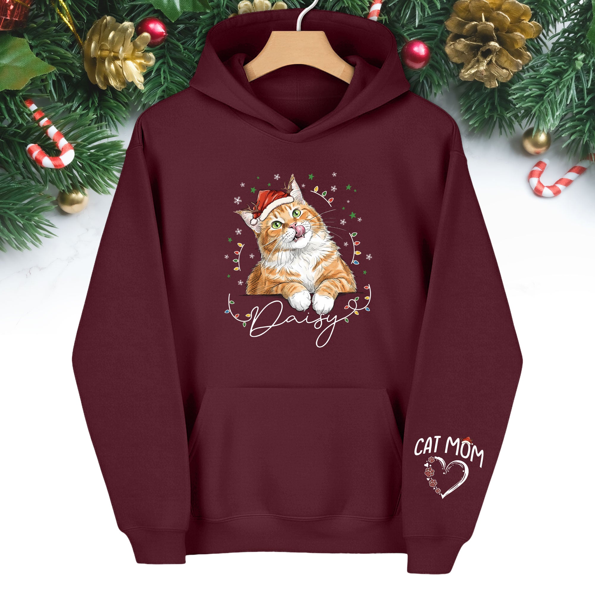 Personalized Cat Mom Christmas Hoodie – Custom Cat Photo Hoodie with Pet Name, Cute Holiday Gift for Cat Lovers