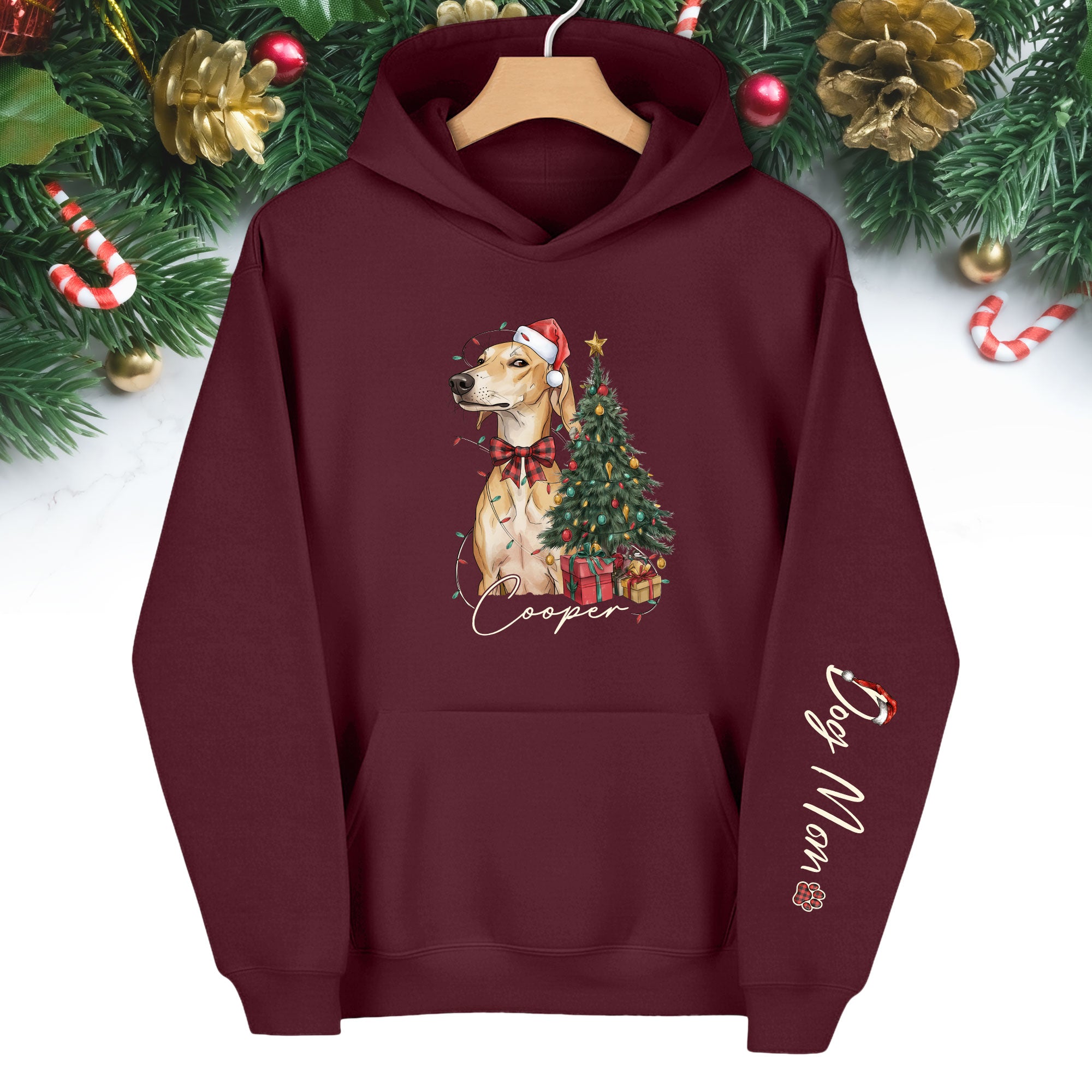 Personalized Dog Mom Christmas Hoodie, Custom Dog Photo Hoodie with Pet Name, Holiday Gift for Pet Lovers
