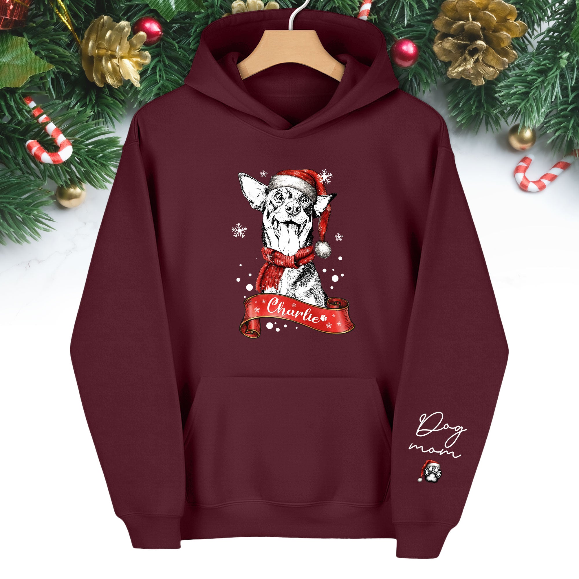 Custom Dog Mom Christmas Hoodie – Personalized Dog Photo Hoodie with Pet Name, Holiday Gift for Pet Lovers