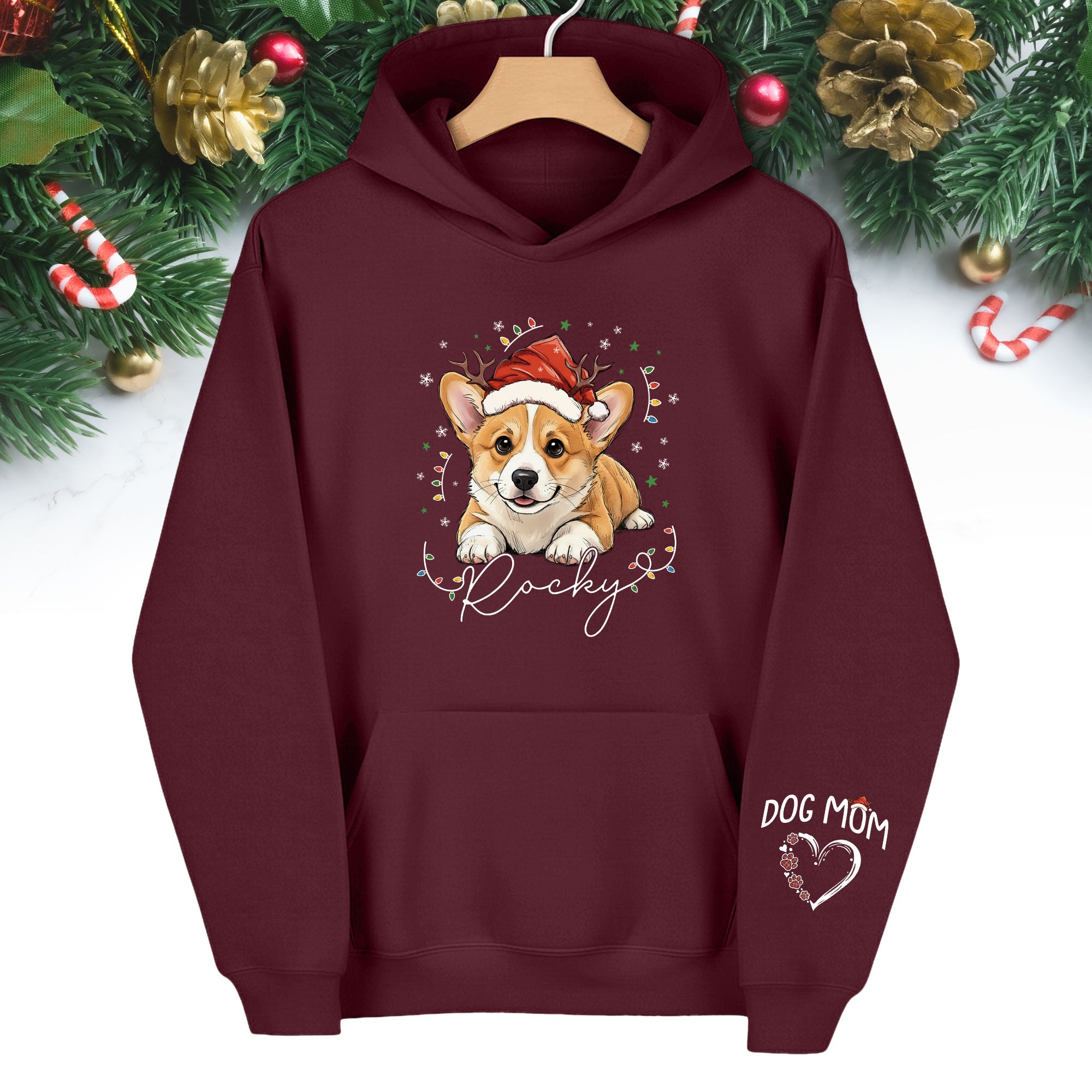 Personalized Dog Mom Christmas Hoodie – Custom Dog Photo Hoodie with Pet Name, Cute Holiday Gift for Dog Lovers