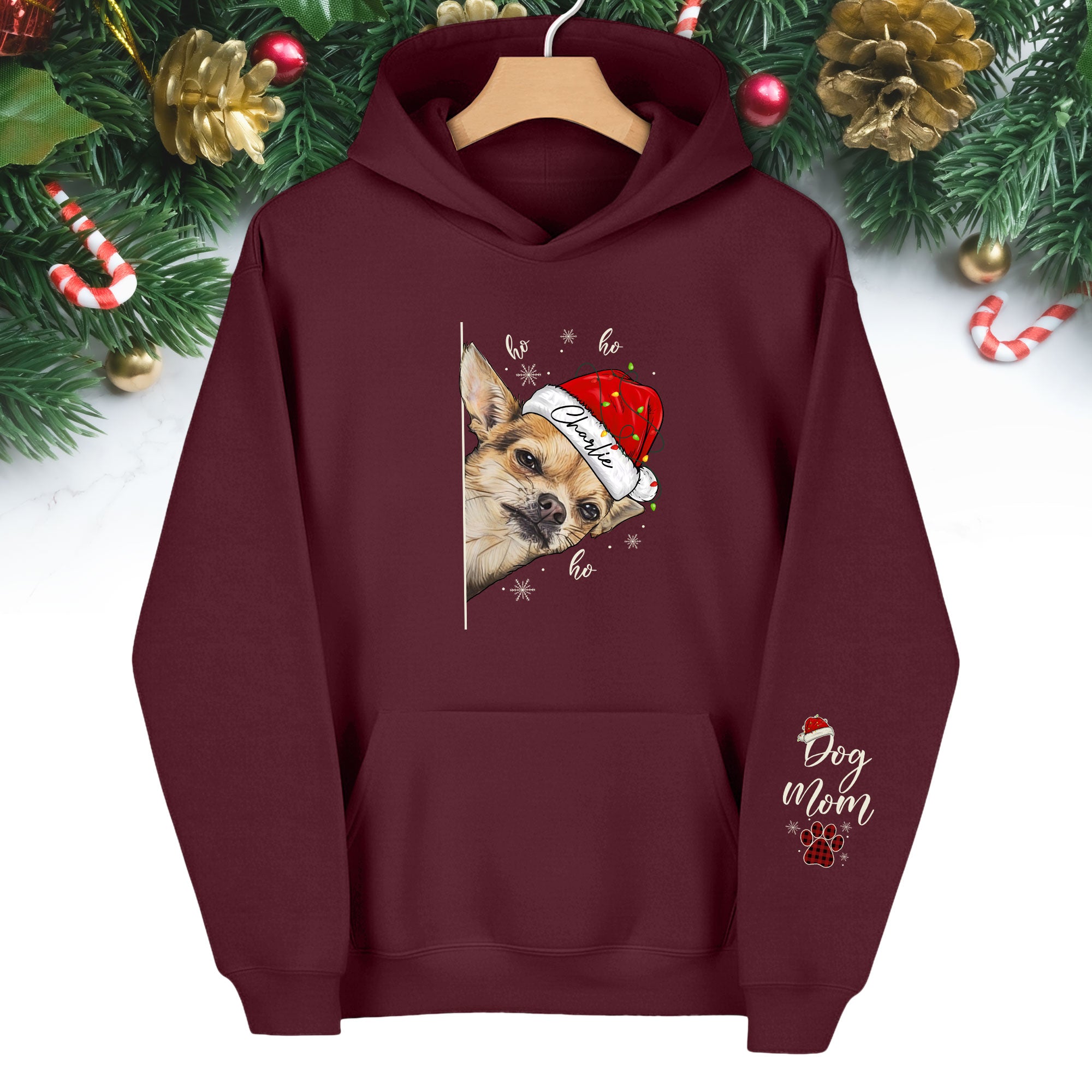 Custom Dog Mom Christmas Hoodie – Personalized Dog Photo Hoodie with Pet Name, Funny Holiday Gift for Dog Lovers