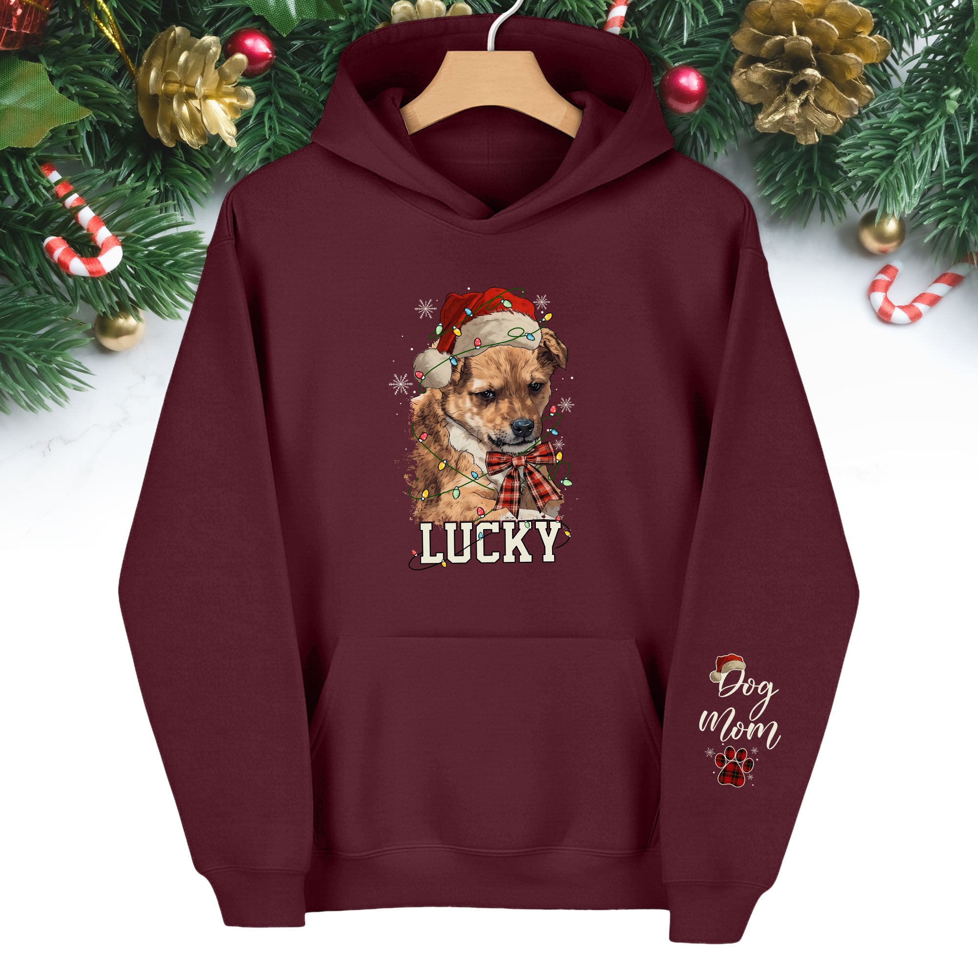 Personalized Dog Mom Christmas Hoodie – Custom Dog Photo Hoodie with Pet Name, Holiday Gift for Pet Lovers