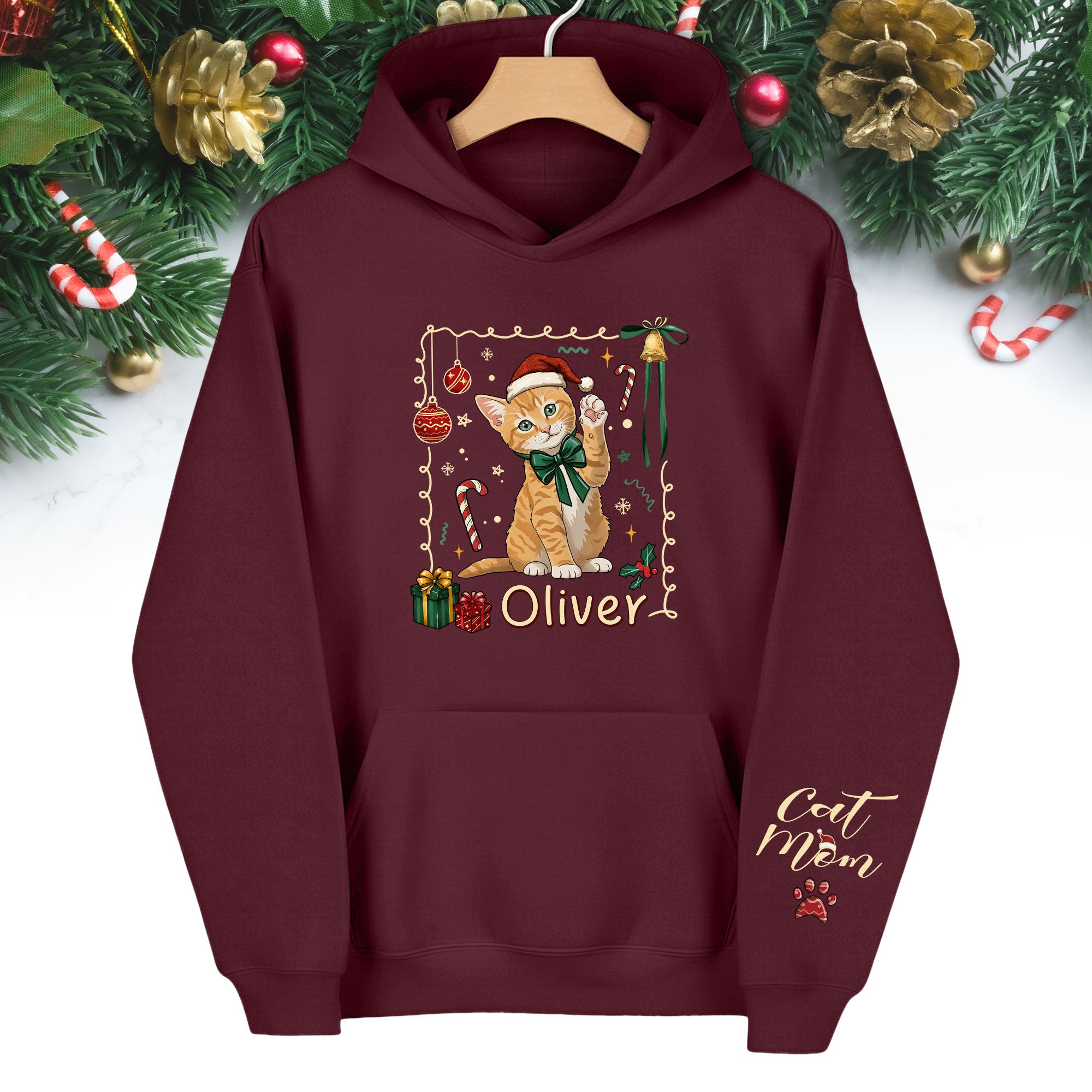 Custom Cat Christmas Hoodie – Personalized Pet Portrait Gift for Cat Moms