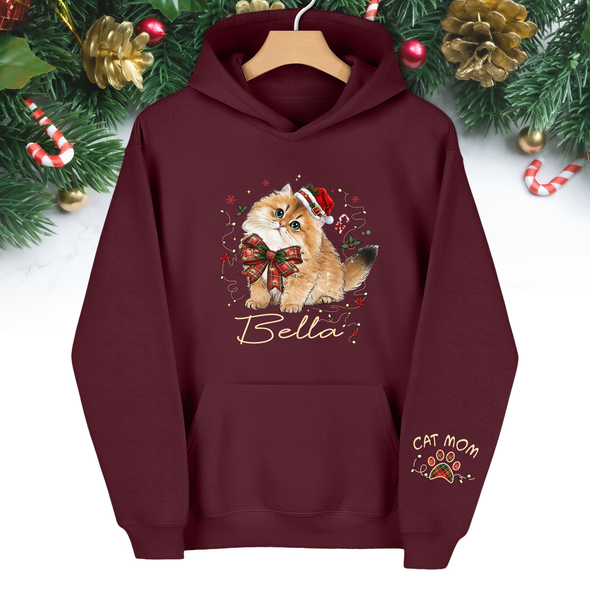 Personalized Cat Portrait Christmas Hoodie – Custom Pet Photo Gift for Cat Moms