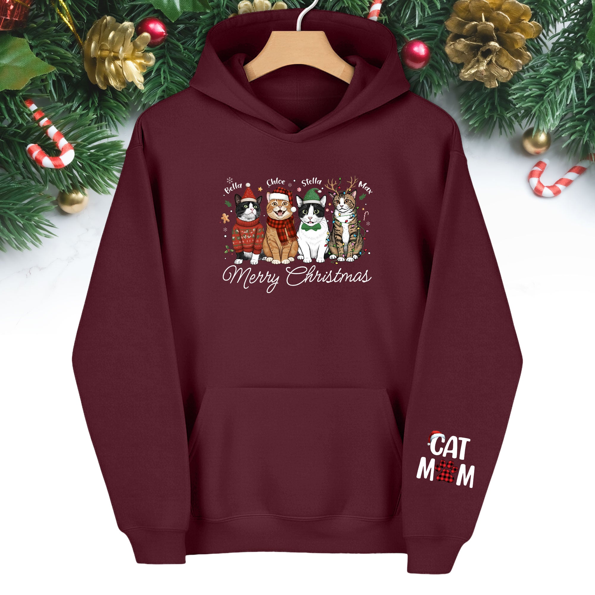 Custom Pet Christmas Hoodie – Personalized Cat Photo Hoodie for Pet Moms