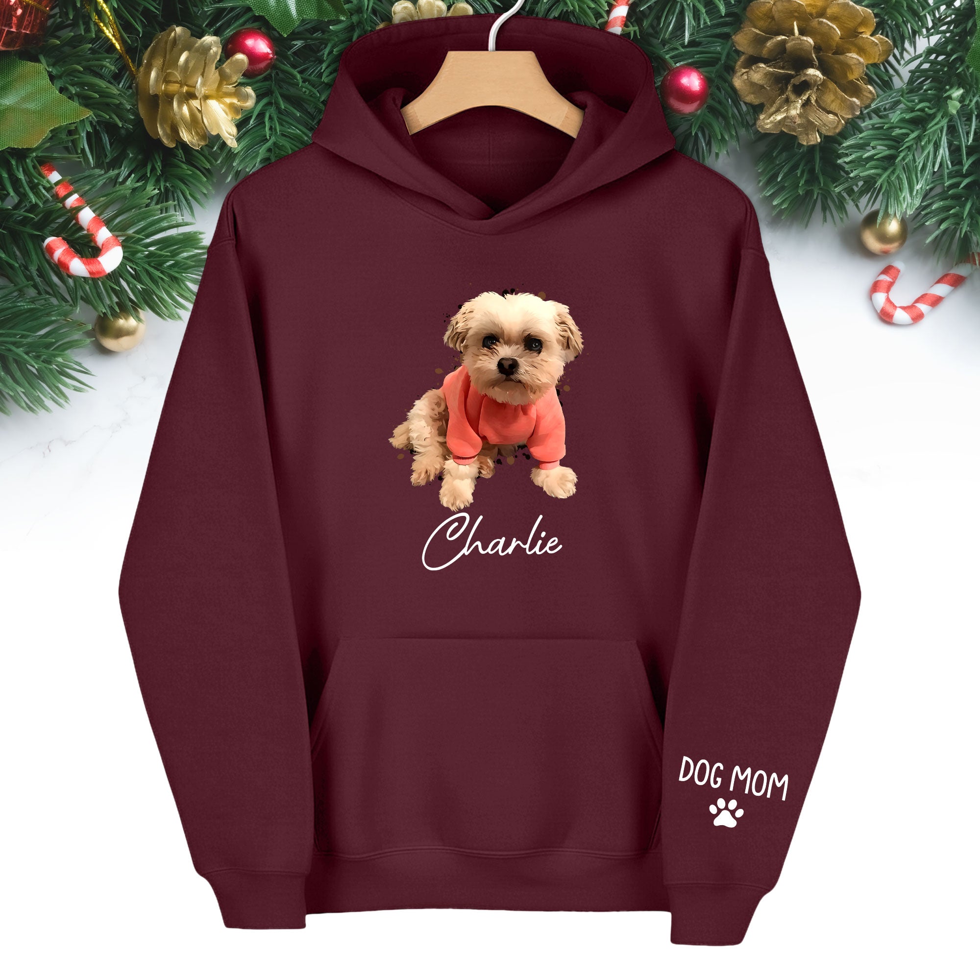 Personalized Dog Mom Hoodie – Custom Dog Photo Hoodie with Pet Name, Unique Holiday Gift for Pet Lovers