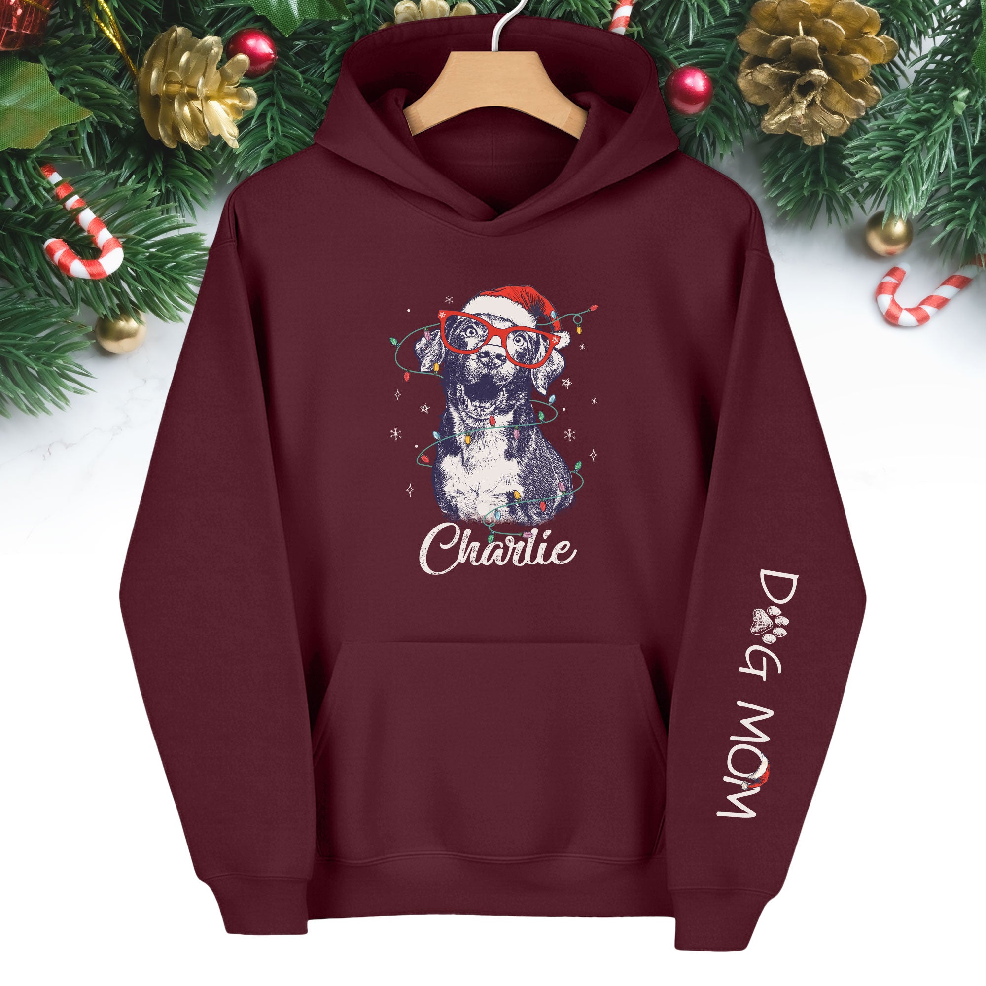 Personalized Dog Mom Hoodie – Custom Dog Photo Hoodie with Holiday Design