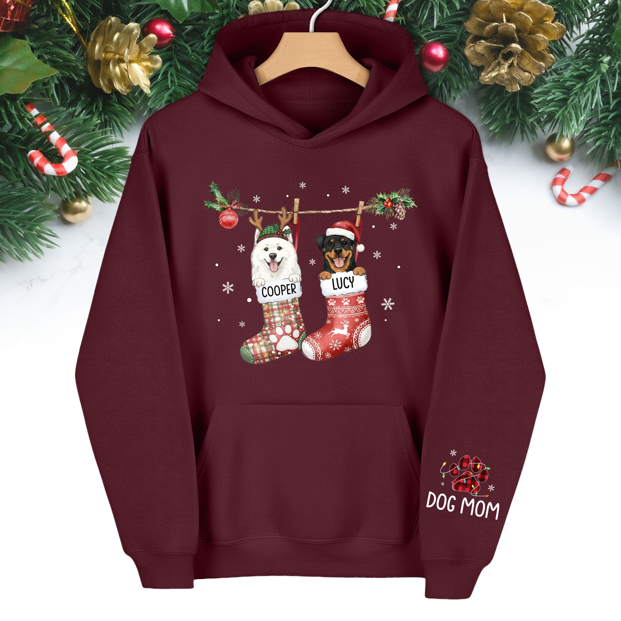 Custom Christmas Dog Hoodie – Personalized Holiday Hoodie with Your Dog’s Photo in Festive Stockings