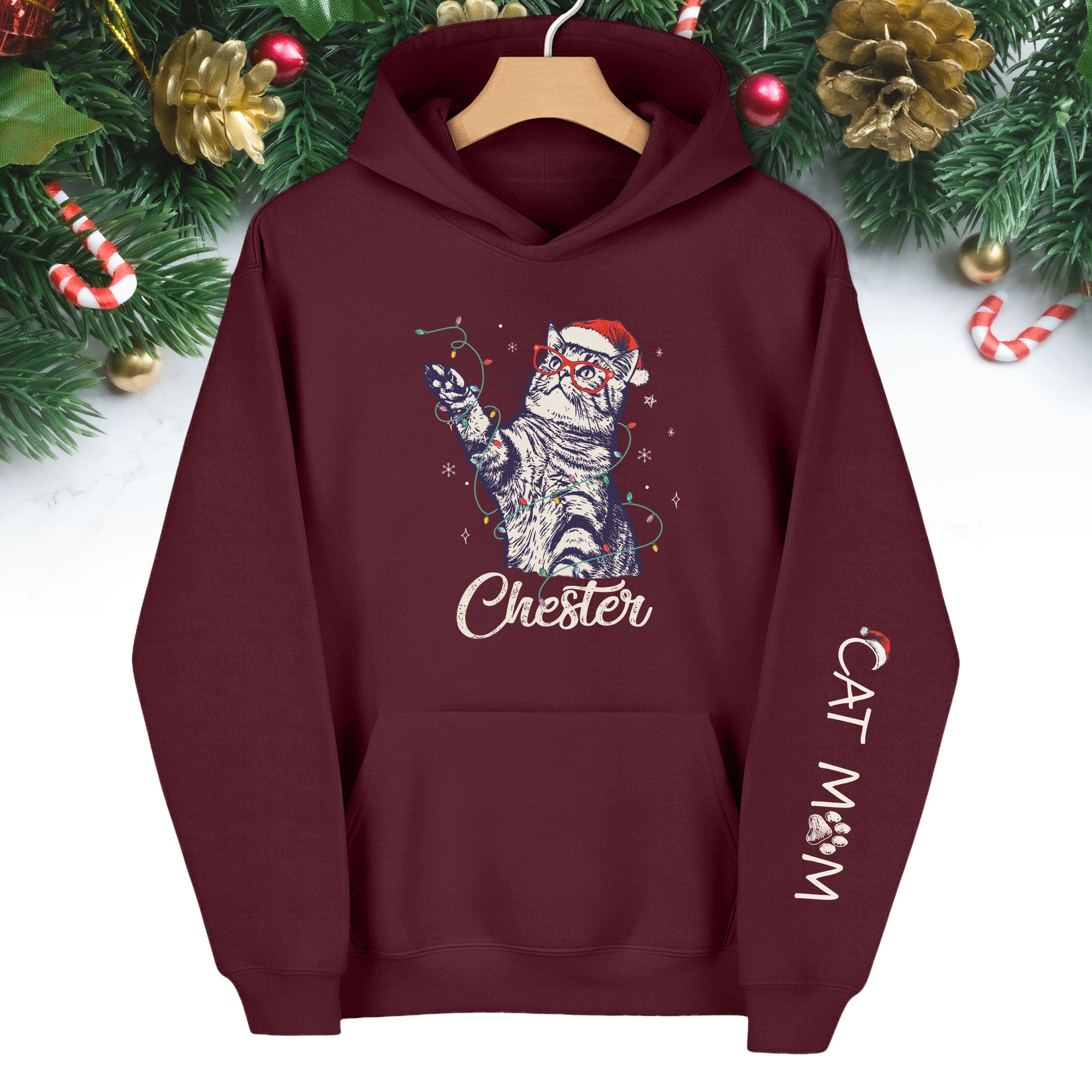 Christmas Cat Mom Hoodie – Personalized Cat Photo Hoodie, Custom Holiday Gift for Women