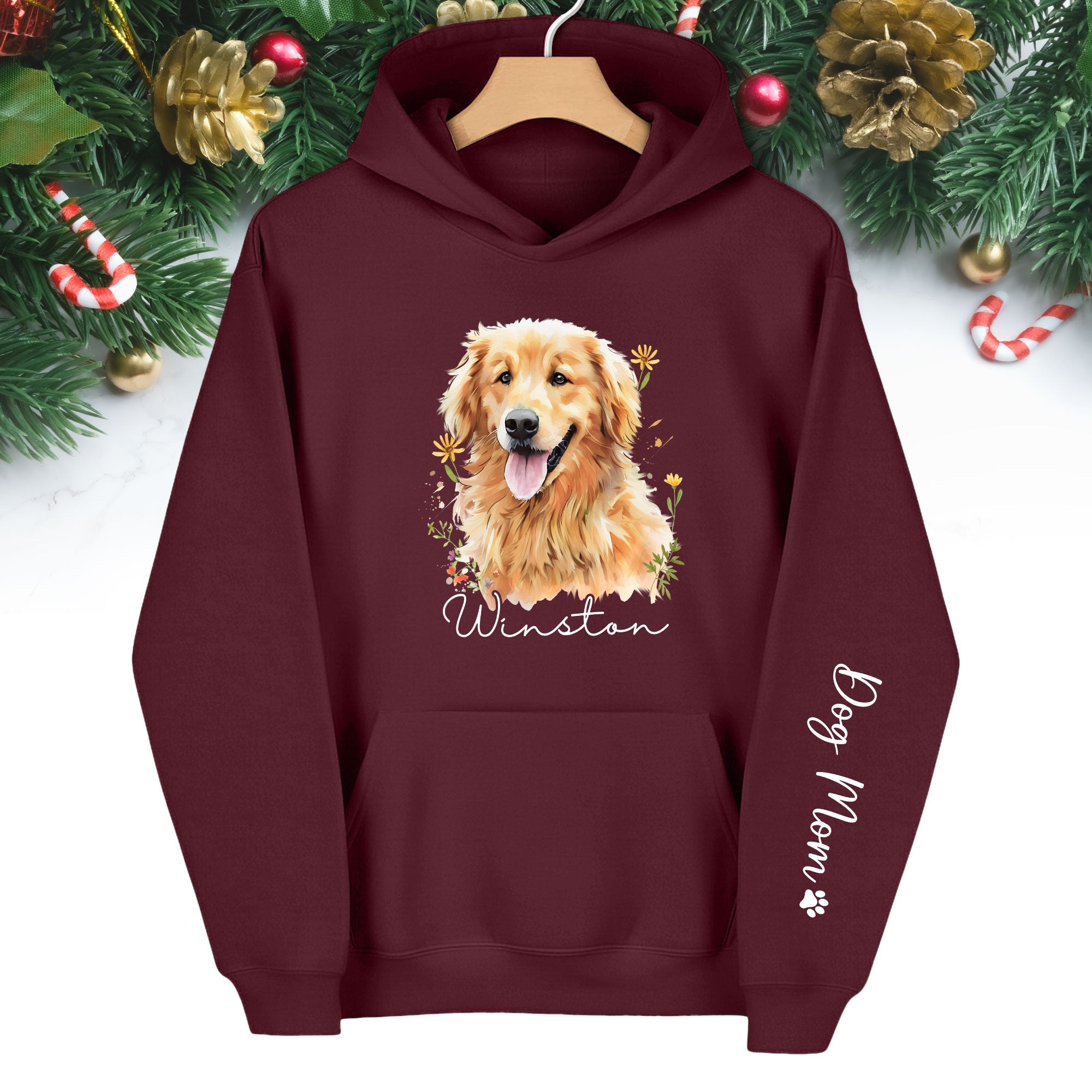 Custom Pet Photo Hoodie – Personalized Dog Portrait with Floral Design, Dog Mom Gift