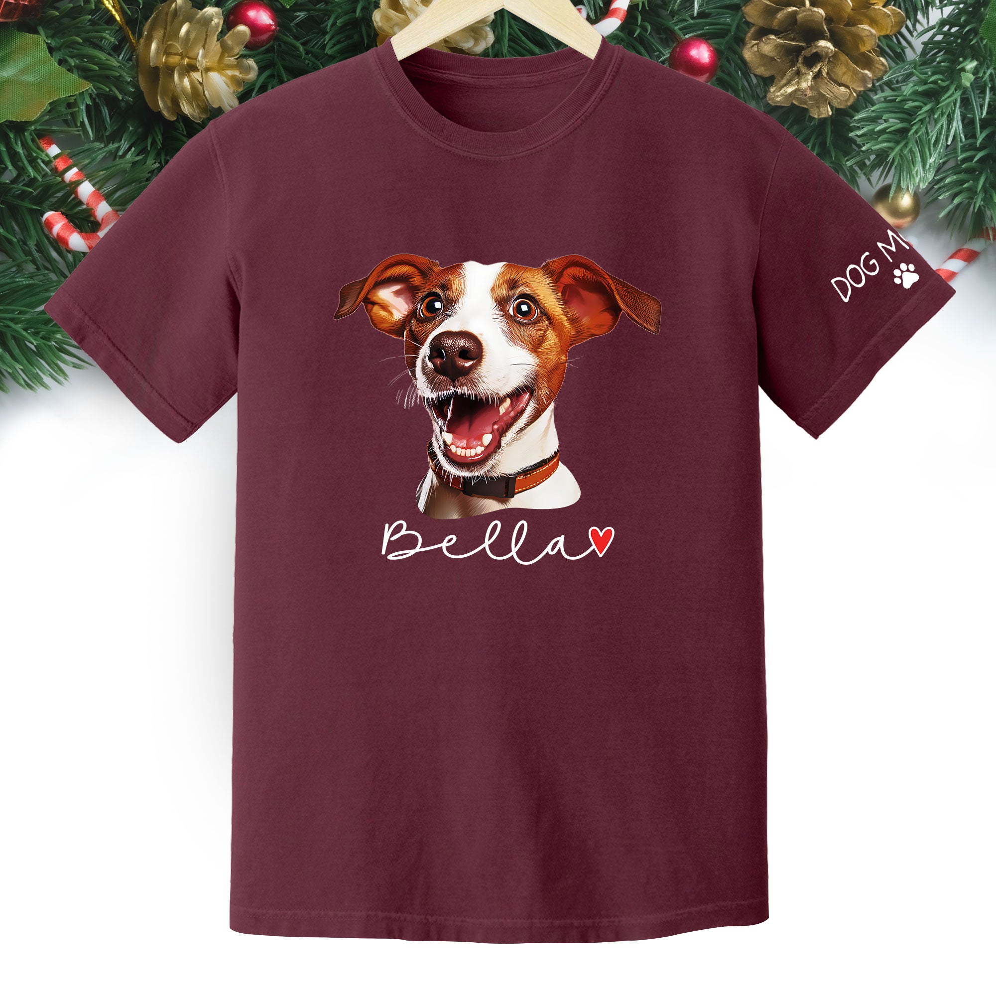 Dog Mom Christmas Shirt – Custom Pet Portrait Tee, Personalized Holiday Gift for Women
