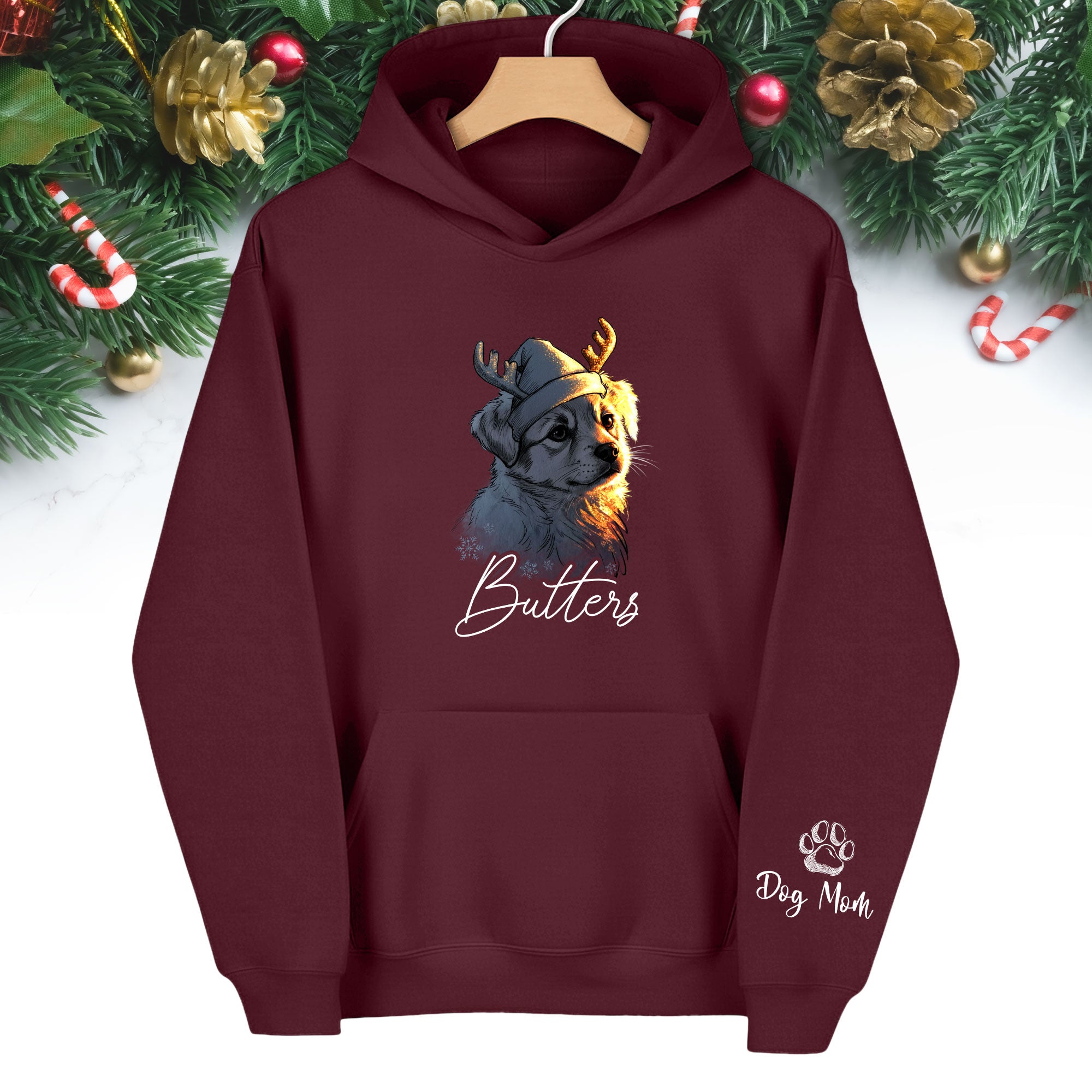 Festive Dog Mom Hoodie – Cute Christmas Pullover for Women