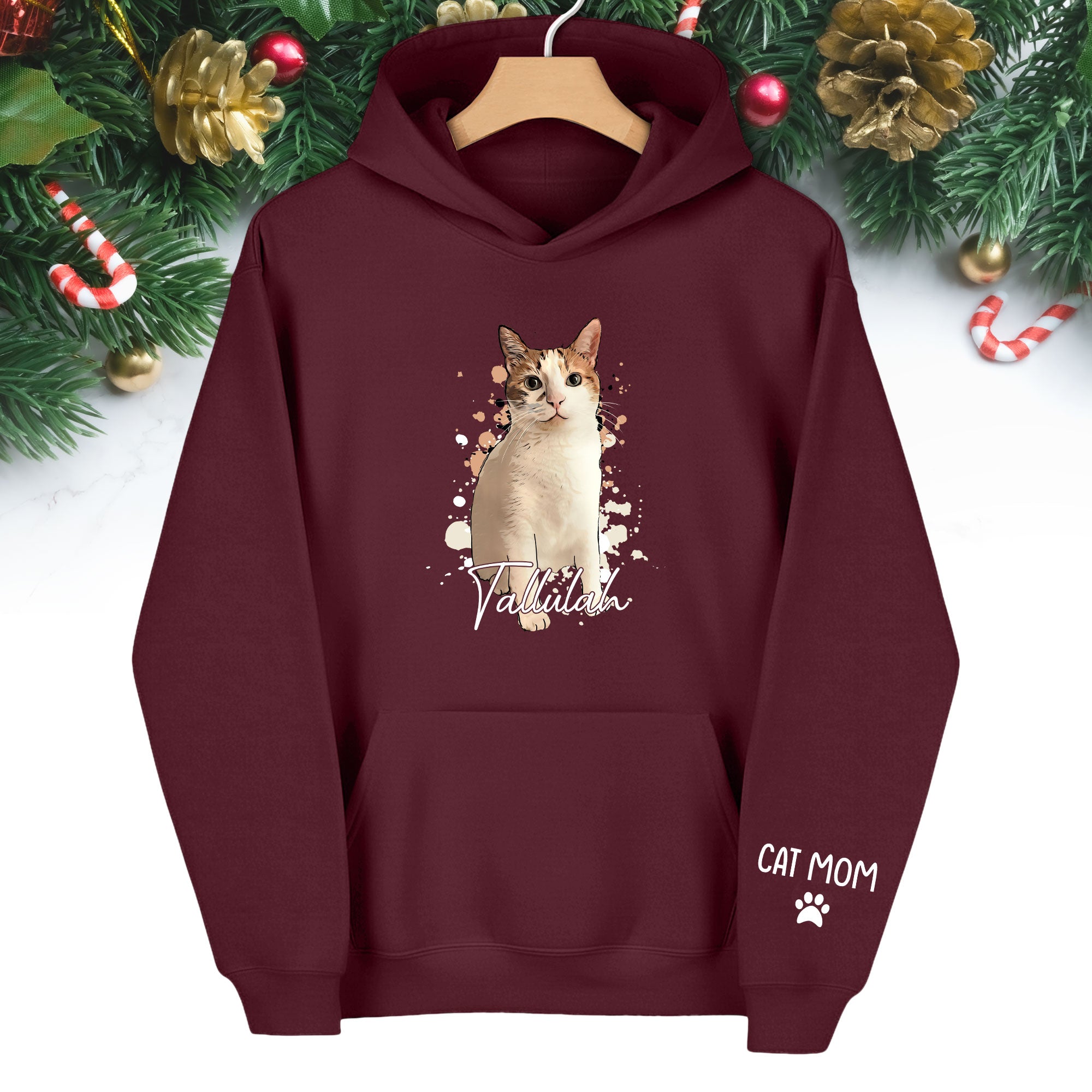 Personalized Cat Mom Hoodie – Custom Cat Photo Hoodie with Pet Name, Unique Holiday Gift for Cat Lovers