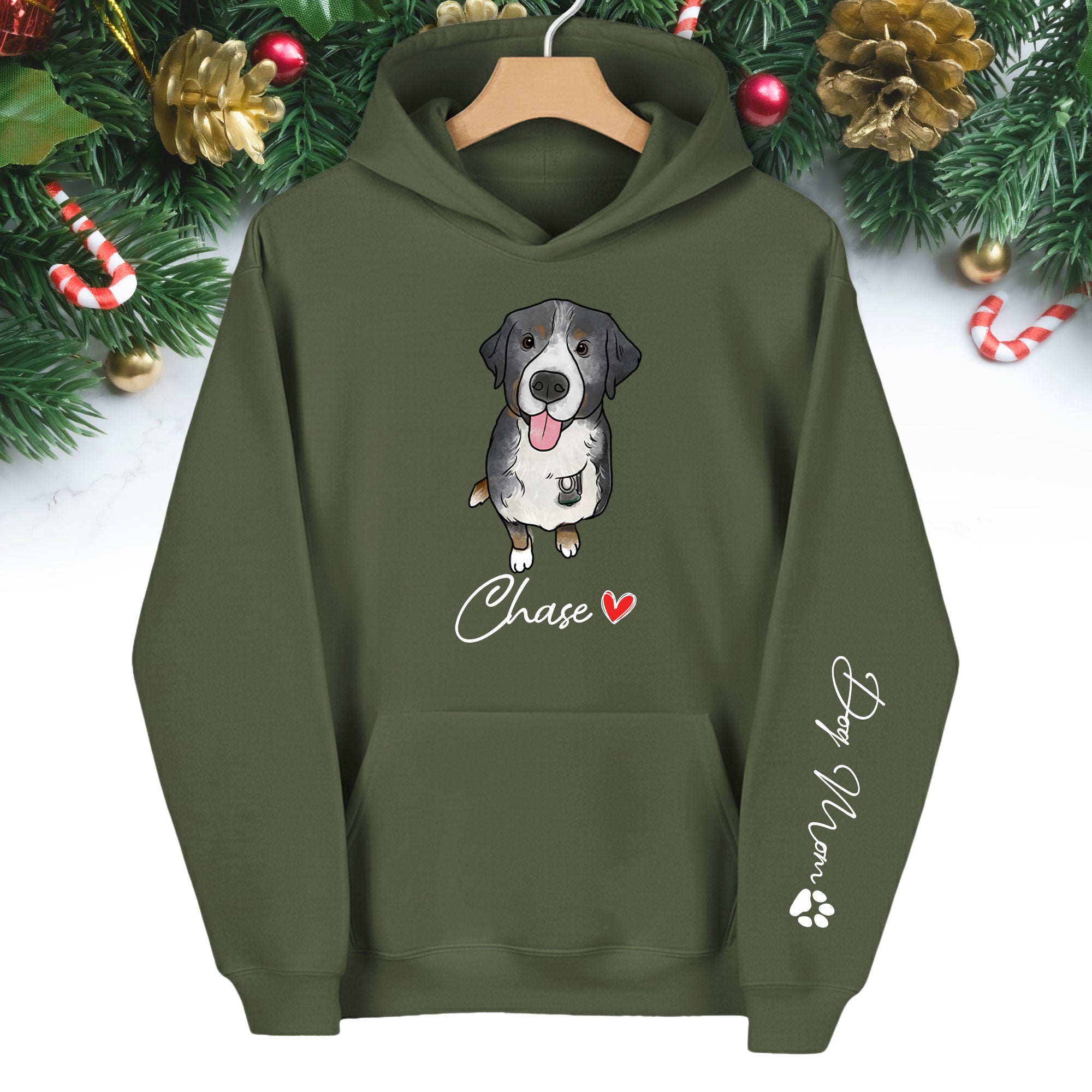 Custom Pet Portrait Hoodie– Dog Name Printed with Heart, Perfect Gift for Dog Lovers