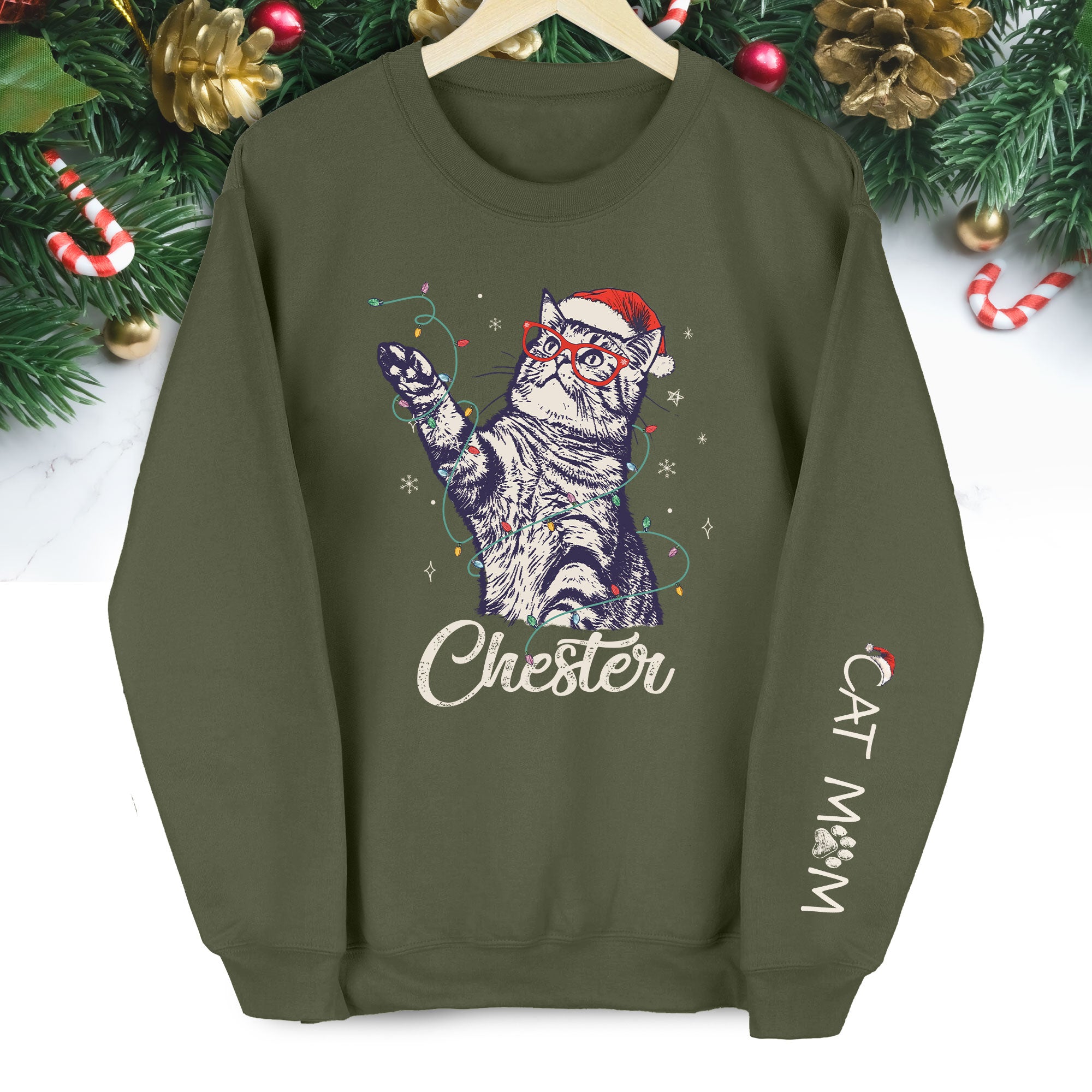 Custom Cat Christmas Sweatshirt, Personalized Pet Portrait Holiday Gift for Cat Moms