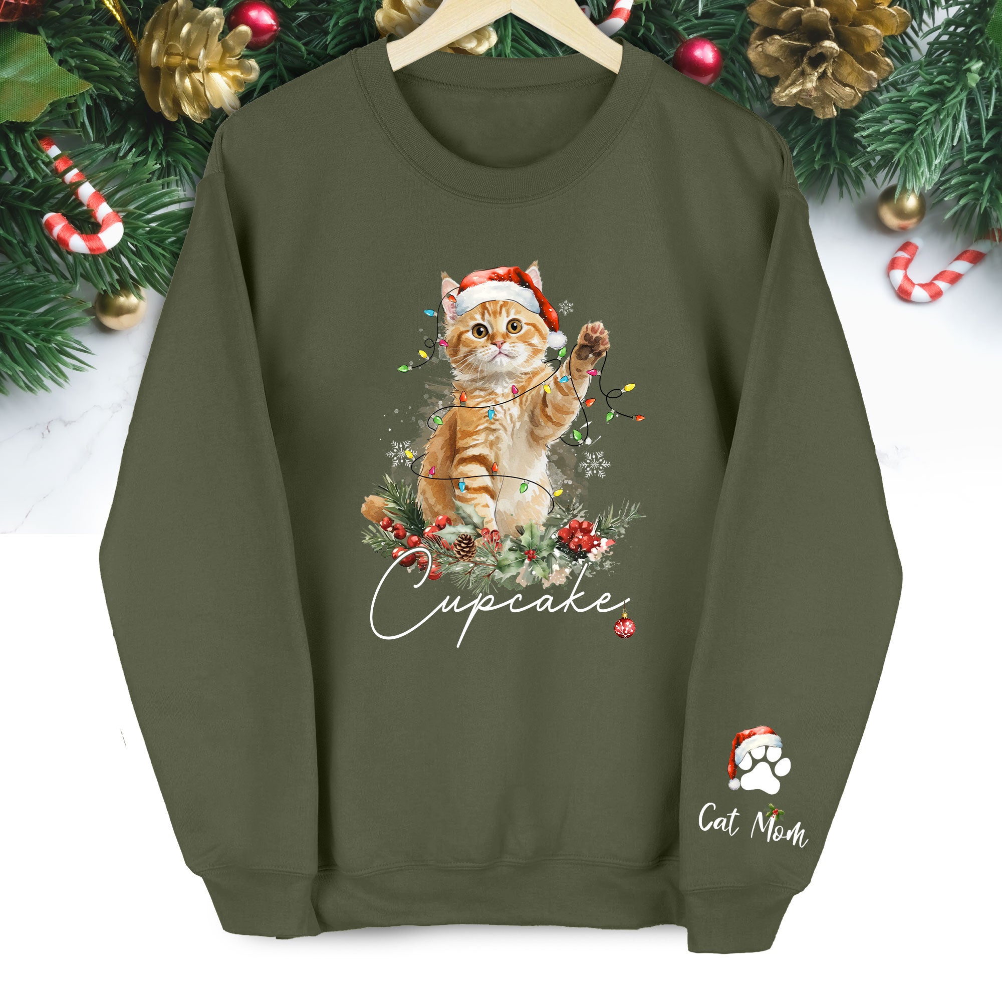 Custom Cat Christmas Sweatshirt – Personalized Holiday Pet Portrait Gift for Cat Moms