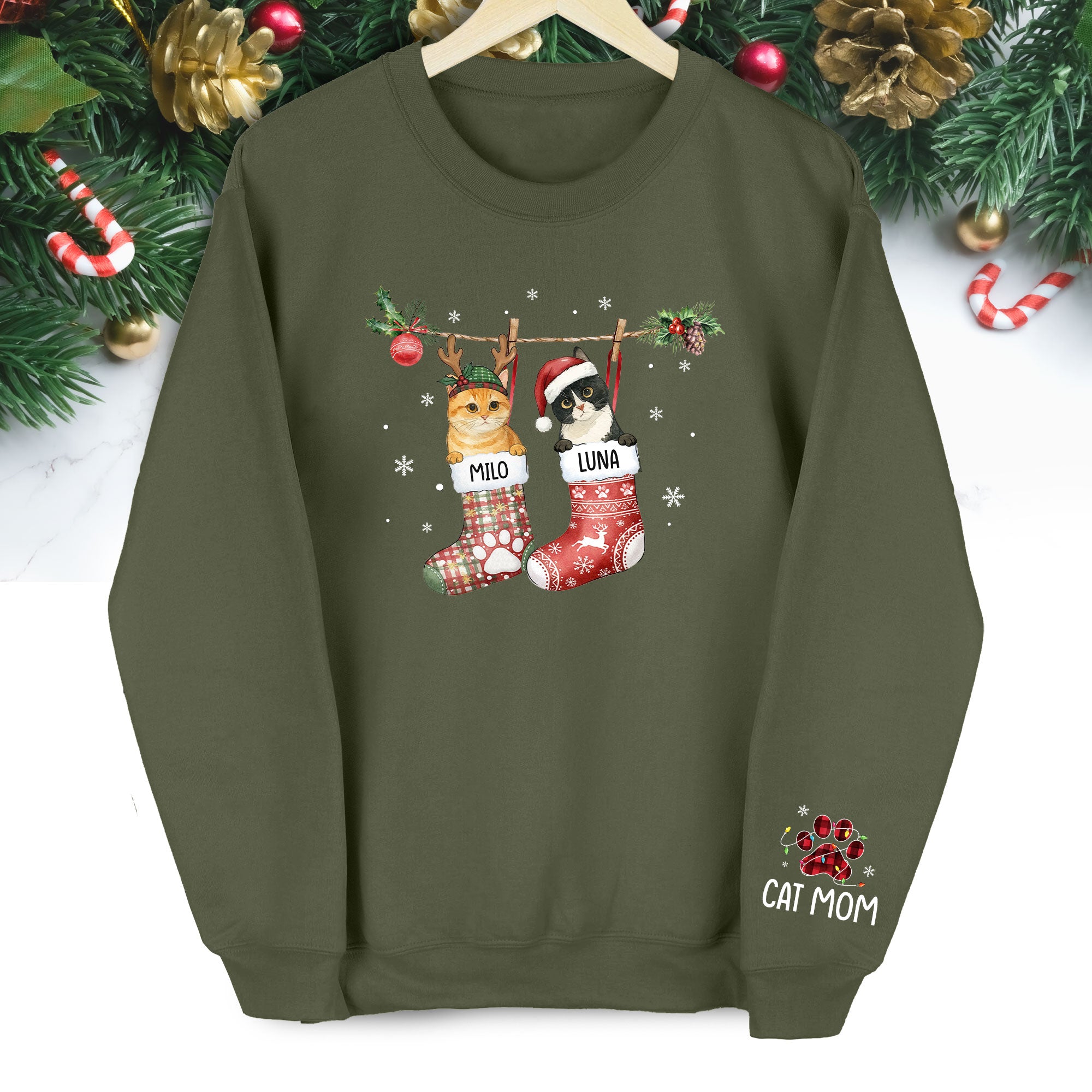 Custom Cats Christmas Sweatshirt – Personalized Pet Stocking Holiday Gift for Cat Moms