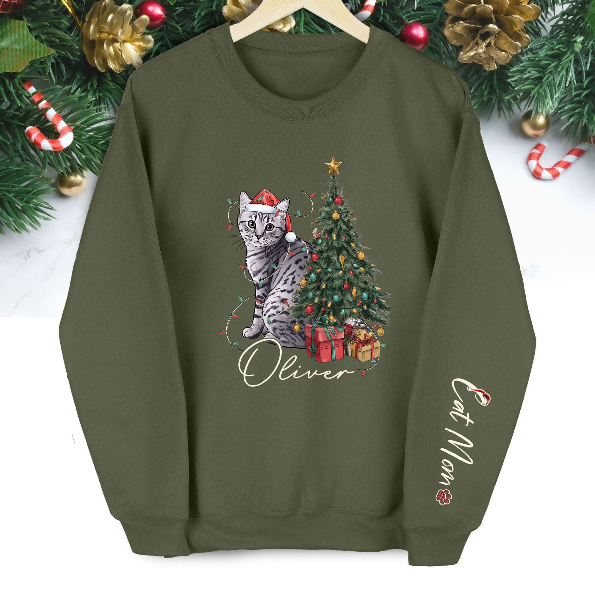 Custom Cat Christmas Sweatshirt – Personalized Gift for Cat Mom & Pet Lovers