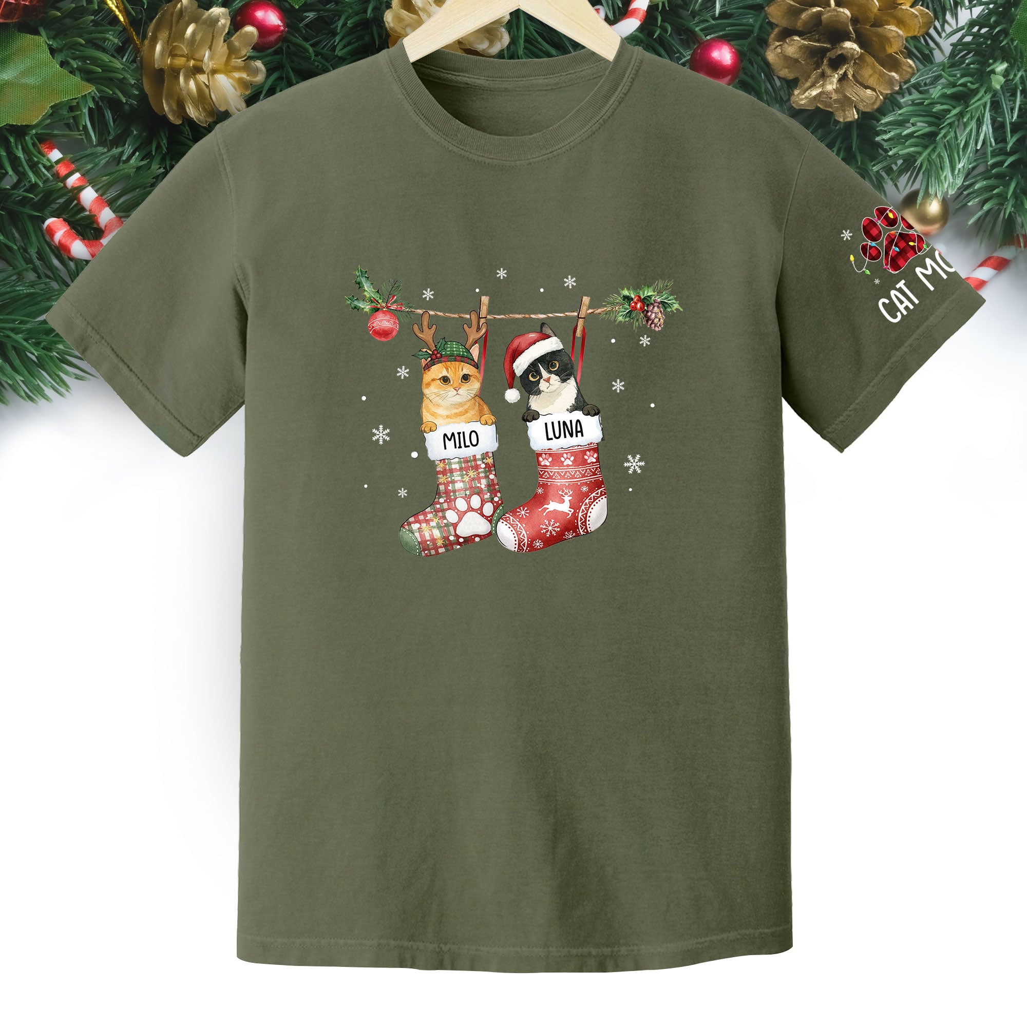 Personalized Cat Photo Christmas T-Shirt – Custom Pet Lover Gift for Cat Mom, Holiday Tee